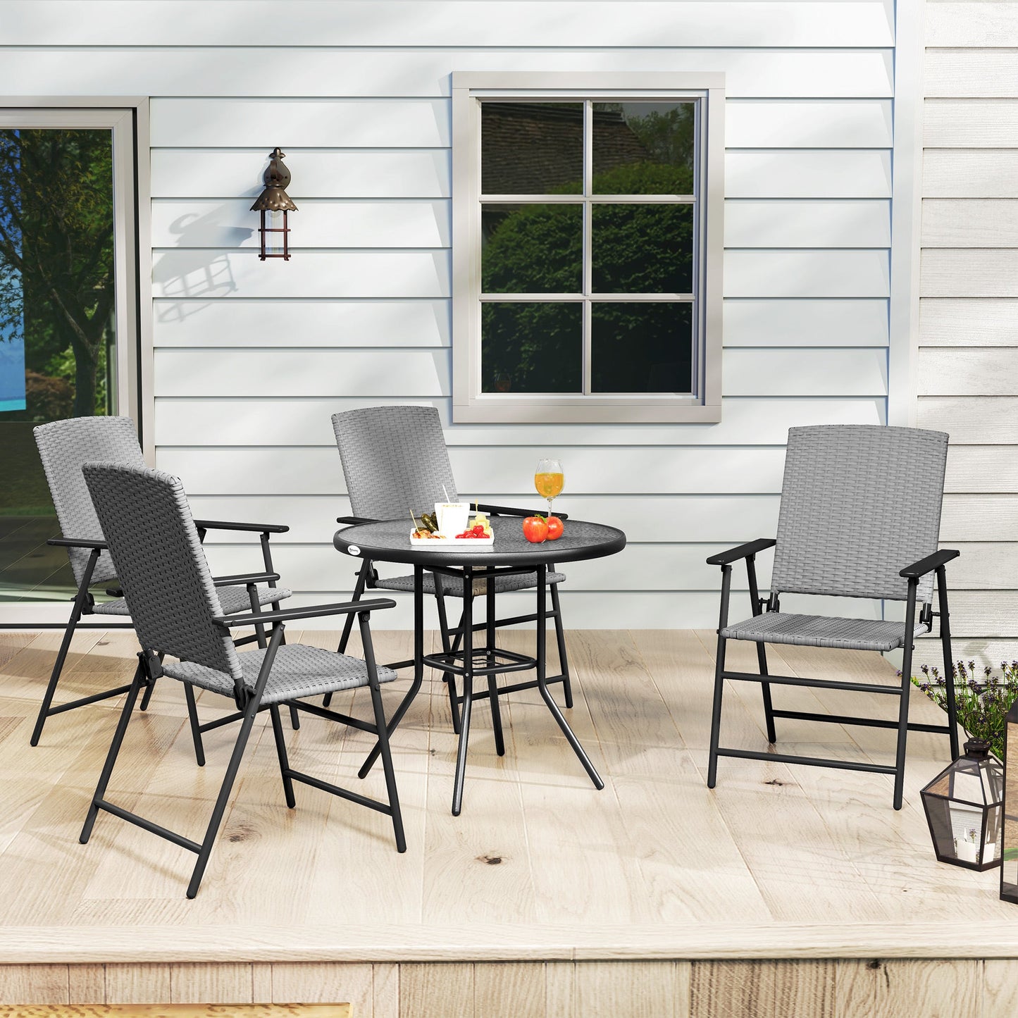 Folding Garden Chairs Set of 4, PE Rattan Garden Dining Chairs with Armrests, High Back and Steel Frame, Weather Resistant Outdoor Dining Furniture for Patio, Balcony, Grey