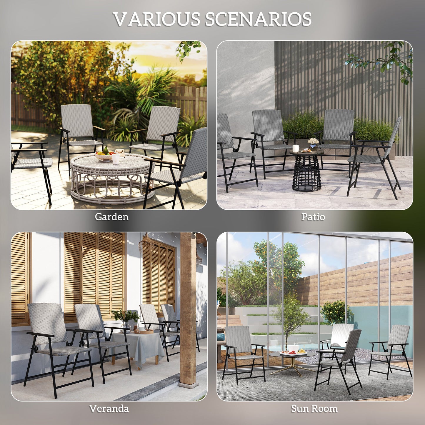 Folding Garden Chairs Set of 4, PE Rattan Garden Dining Chairs with Armrests, High Back and Steel Frame, Weather Resistant Outdoor Dining Furniture for Patio, Balcony, Grey