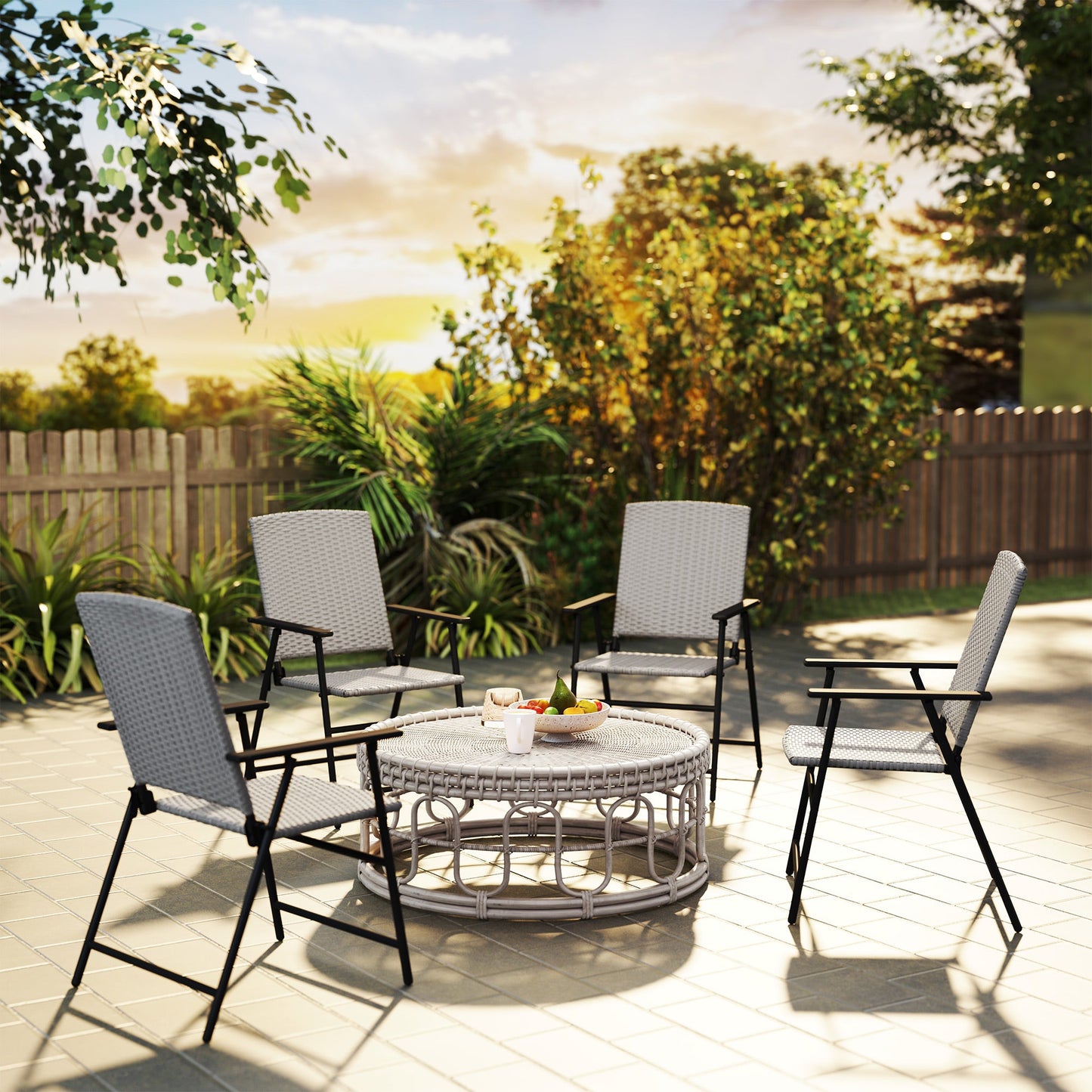 Folding Garden Chairs Set of 4, PE Rattan Garden Dining Chairs with Armrests, High Back and Steel Frame, Weather Resistant Outdoor Dining Furniture for Patio, Balcony, Grey