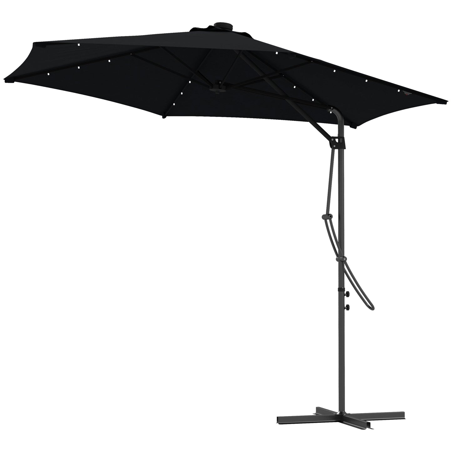 3(m) Cantilever Parasol with Solar LED and Easy Lever, Garden Parasol Umbrella with Cross Base and Waterproof Cover, Outdoor Sun Shades, Black