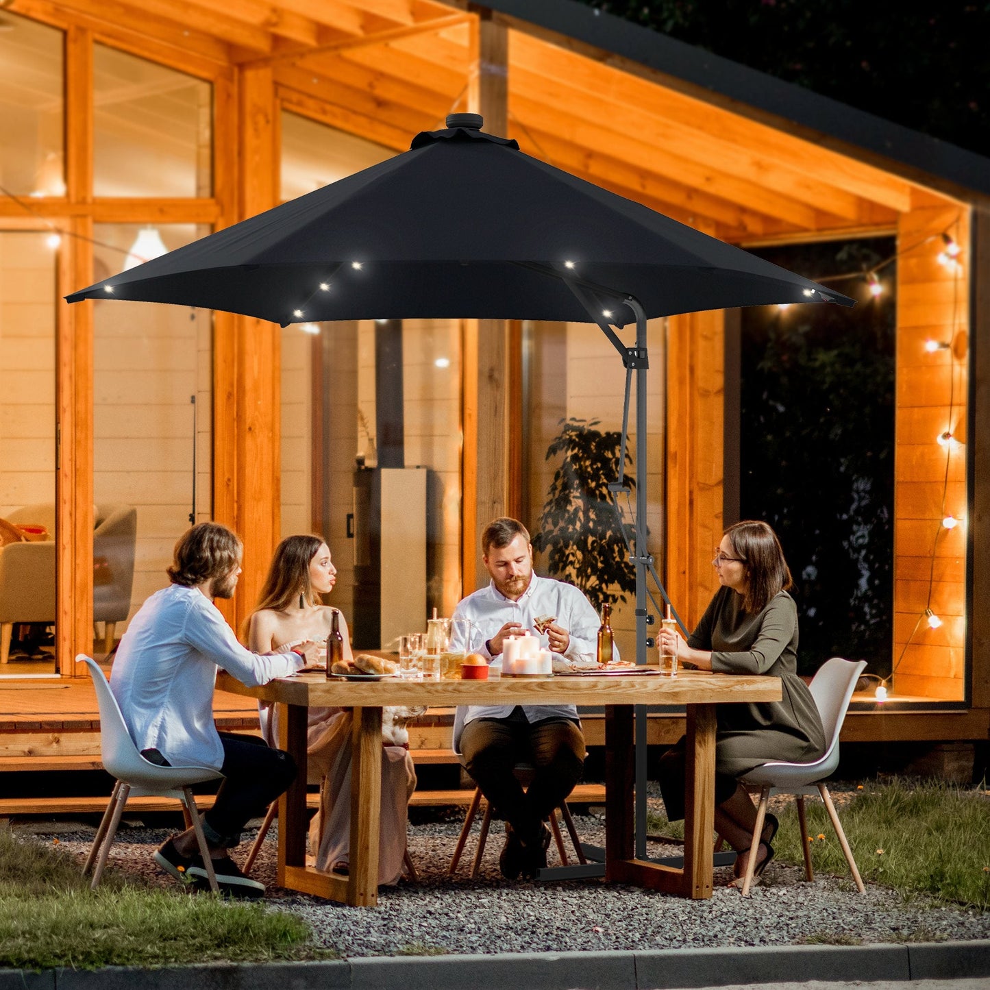 3(m) Cantilever Parasol with Solar LED and Easy Lever, Garden Parasol Umbrella with Cross Base and Waterproof Cover, Outdoor Sun Shades, Black
