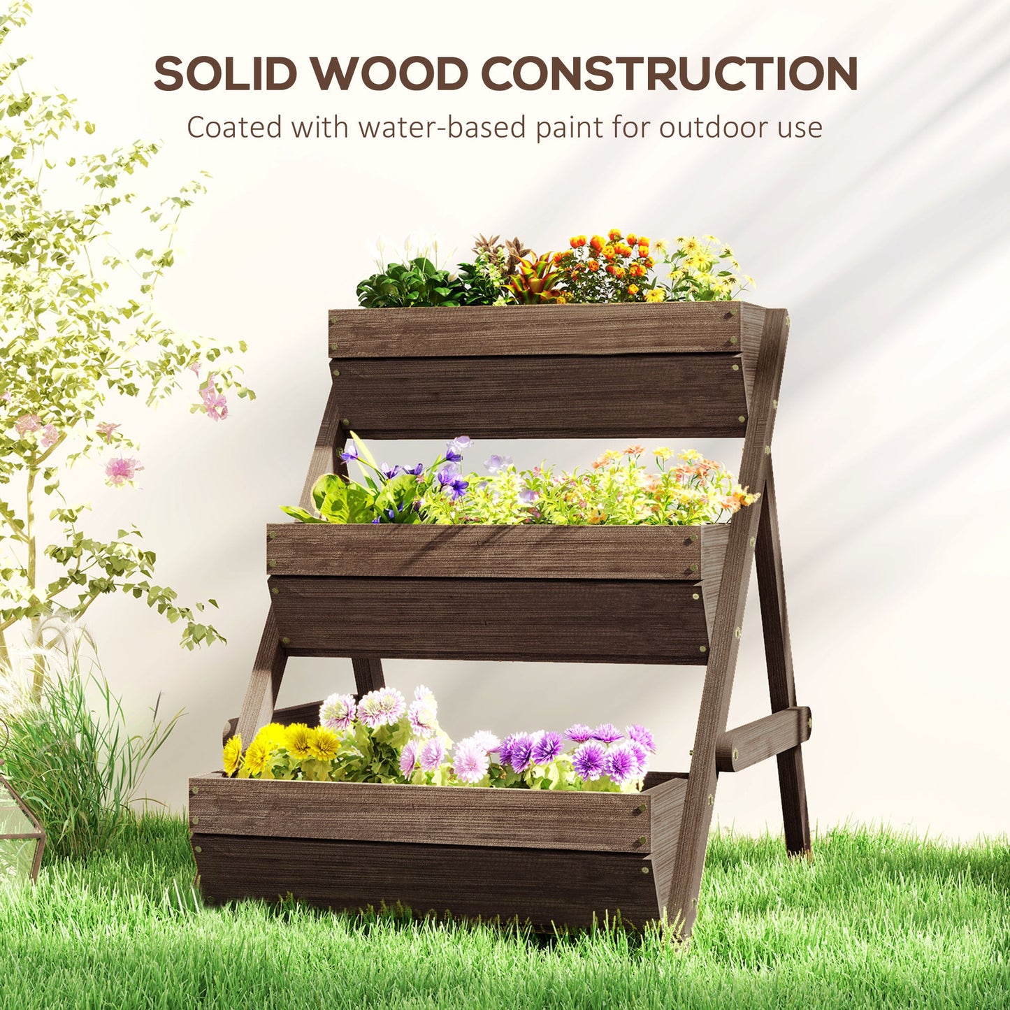 3 Tier 66L Raised Garden Bed Wooden Elevated Planter Box Kit for Flower, Vegetable, Herb, 65 x 75 x 76cm, Tan