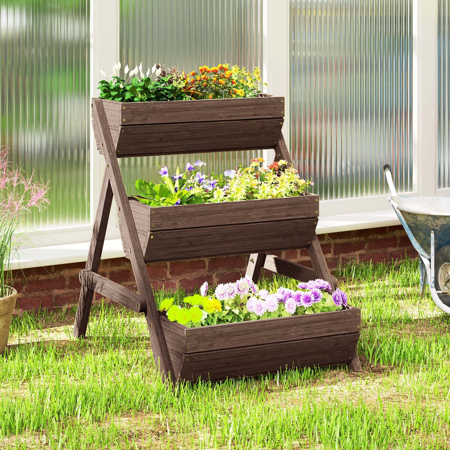 3 Tier 66L Raised Garden Bed Wooden Elevated Planter Box Kit for Flower, Vegetable, Herb, 65 x 75 x 76cm, Tan