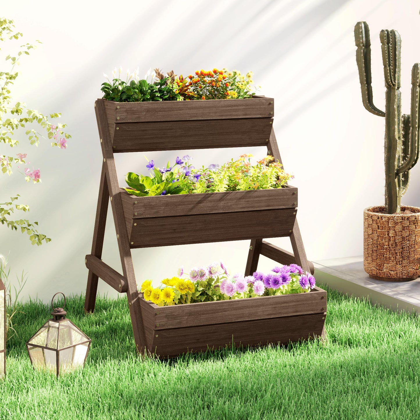 3 Tier 66L Raised Garden Bed Wooden Elevated Planter Box Kit for Flower, Vegetable, Herb, 65 x 75 x 76cm, Tan