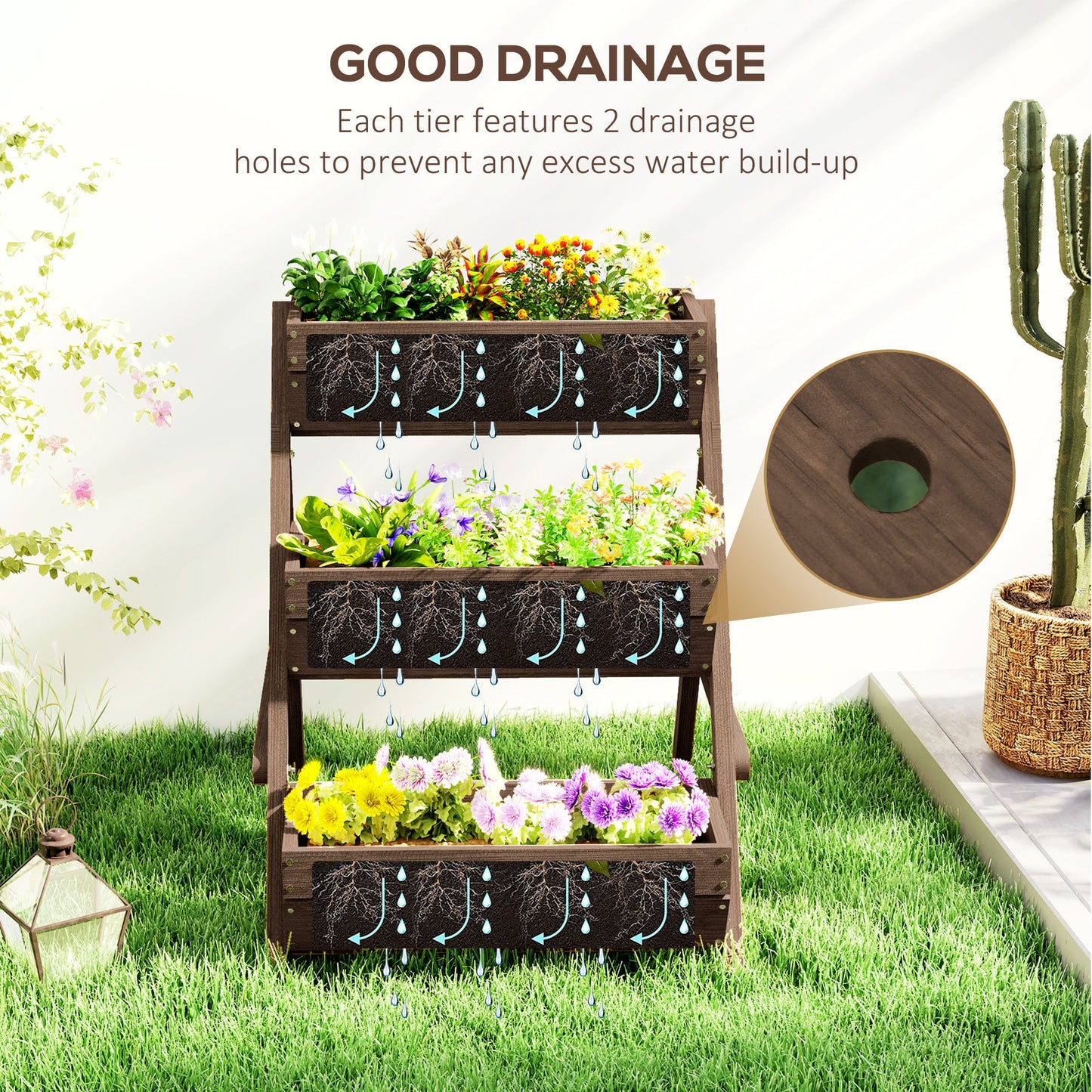 3 Tier 66L Raised Garden Bed Wooden Elevated Planter Box Kit for Flower, Vegetable, Herb, 65 x 75 x 76cm, Tan