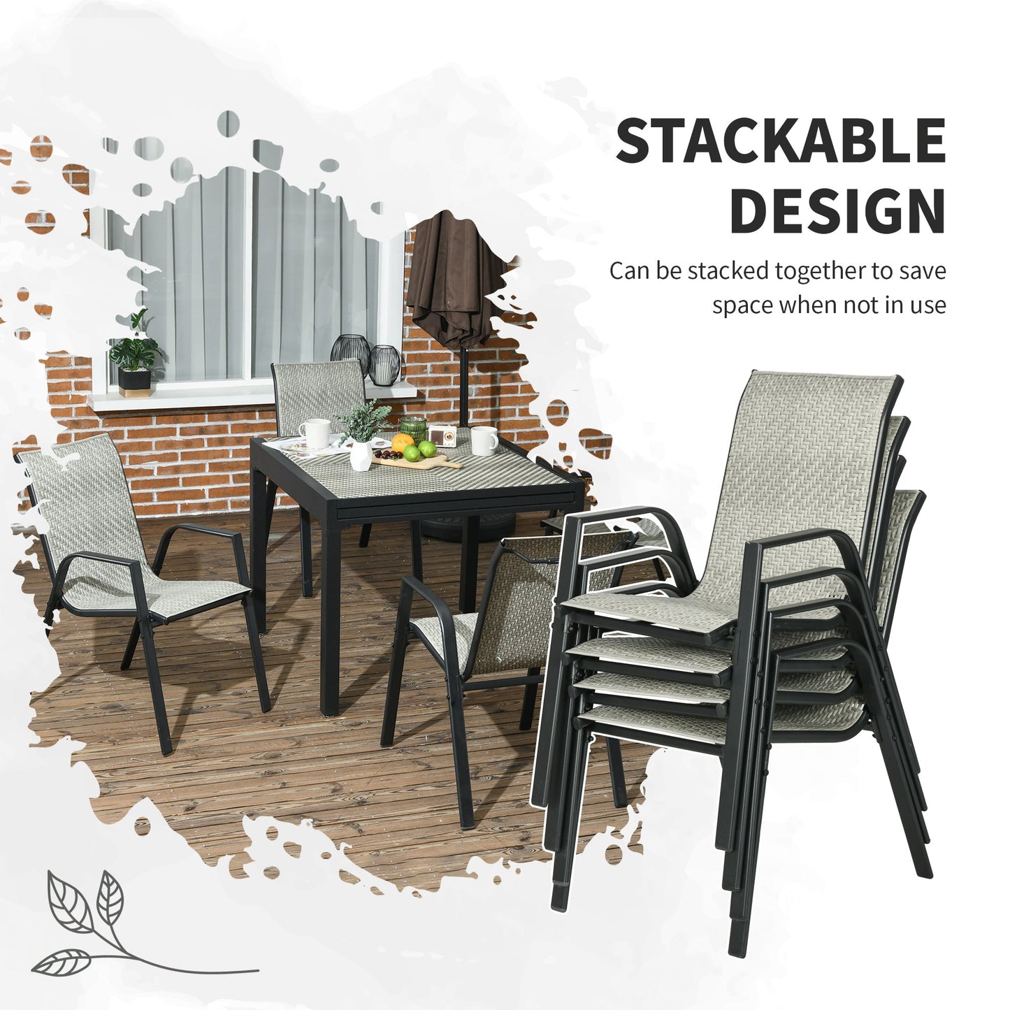 Stackable Outdoor Chairs Set of 4, Rattan Garden Chairs with Armrests and Backrest for Deck, Mixed Grey
