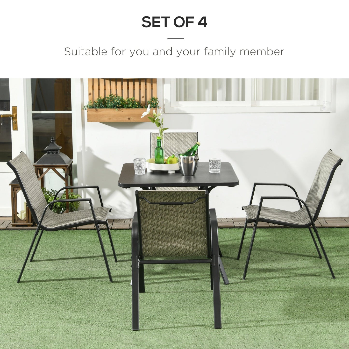 Stackable Outdoor Chairs Set of 4, Rattan Garden Chairs with Armrests and Backrest for Deck, Mixed Grey