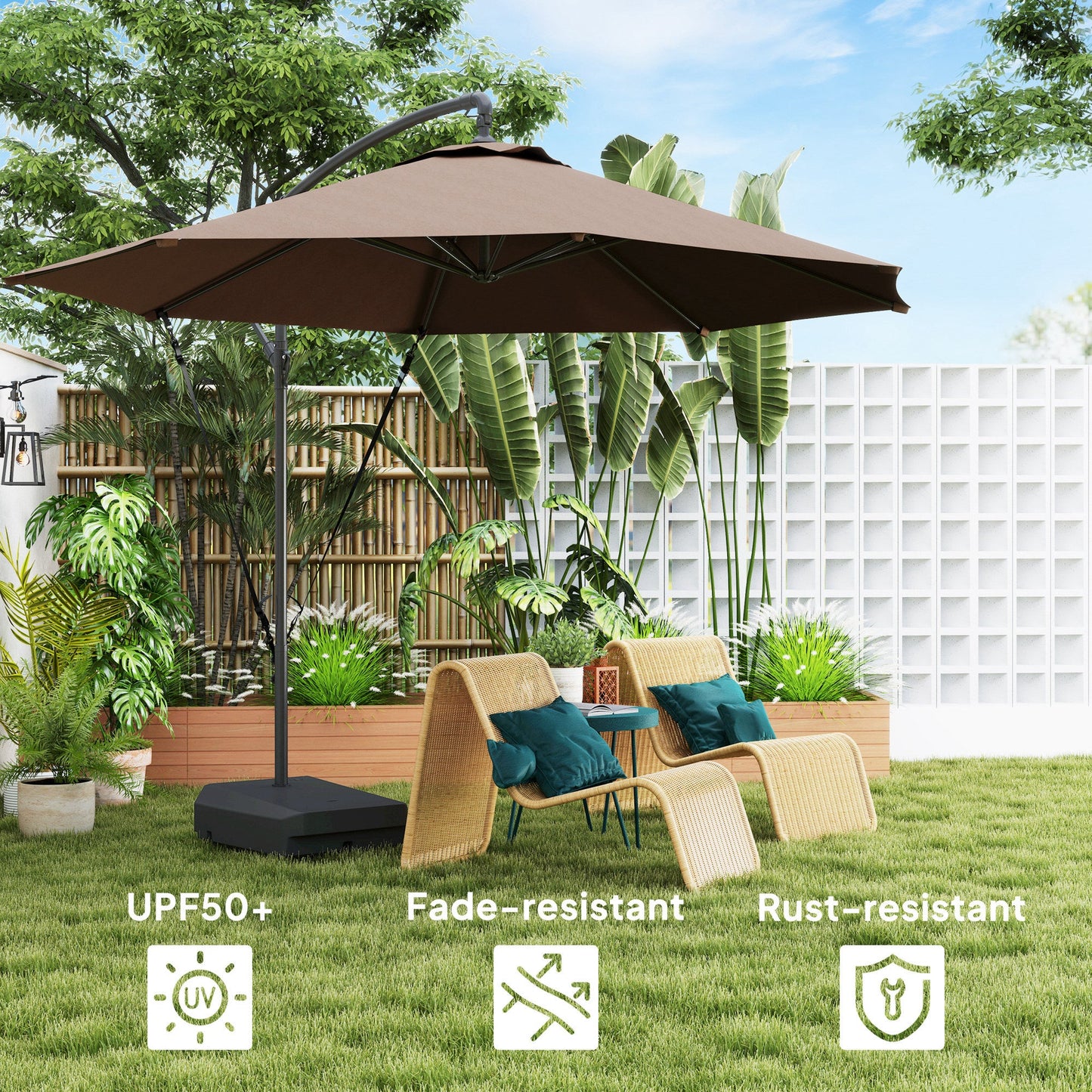 3(m) Garden Cantilever Parasol with Fillable Base, Wind Protection Strap, Cover, Round Banana Hanging Umbrella with Crank Handle and Tilt, Patio Umbrella for Outdoor Sun Shade, UPF50+, Brown