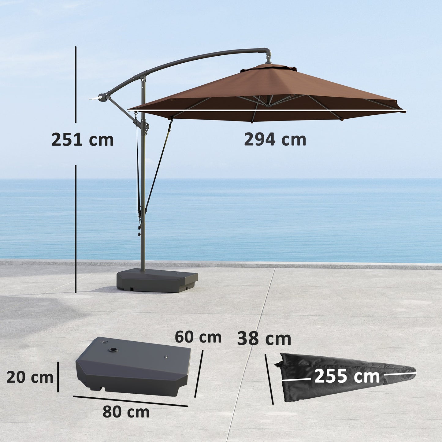 3(m) Garden Cantilever Parasol with Fillable Base, Wind Protection Strap, Cover, Round Banana Hanging Umbrella with Crank Handle and Tilt, Patio Umbrella for Outdoor Sun Shade, UPF50+, Brown