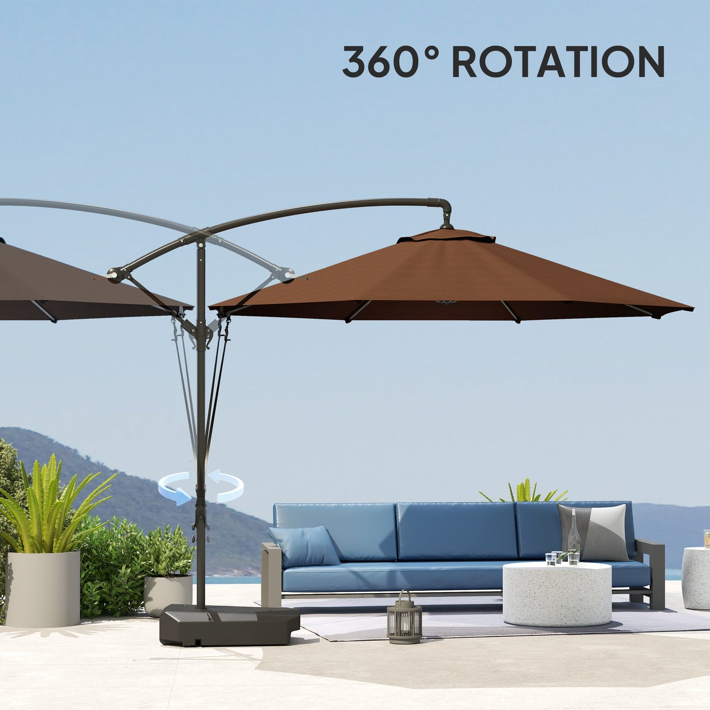 3(m) Garden Cantilever Parasol with Fillable Base, Wind Protection Strap, Cover, Round Banana Hanging Umbrella with Crank Handle and Tilt, Patio Umbrella for Outdoor Sun Shade, UPF50+, Brown