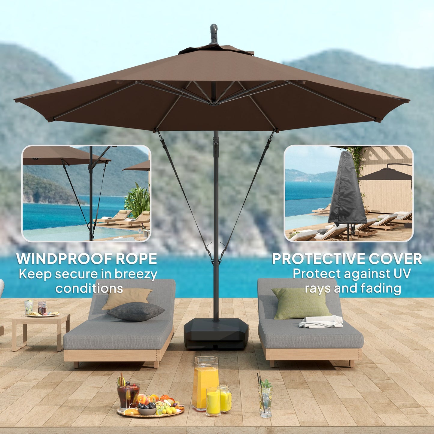 3(m) Garden Cantilever Parasol with Fillable Base, Wind Protection Strap, Cover, Round Banana Hanging Umbrella with Crank Handle and Tilt, Patio Umbrella for Outdoor Sun Shade, UPF50+, Brown