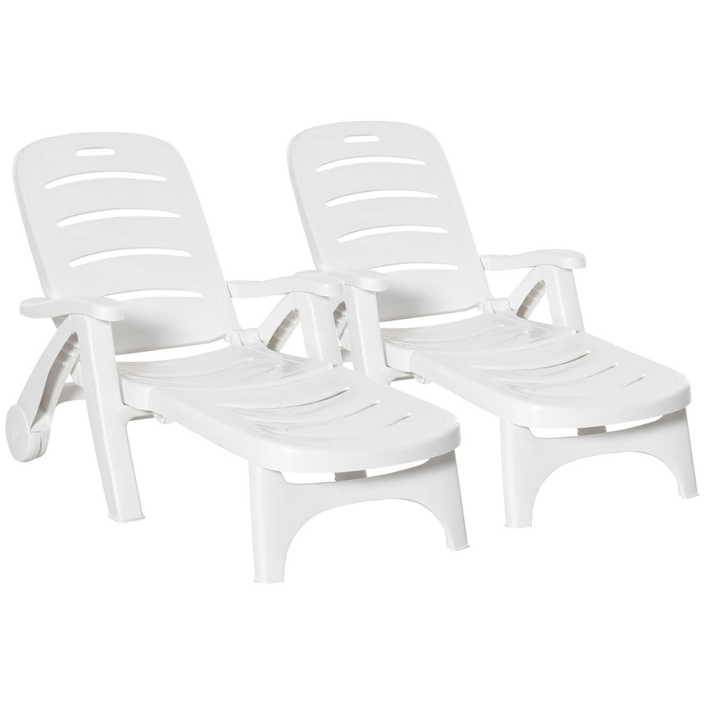 Outdoor Folding Plastic Chaise Lounge Chair on Wheels, 2 Piece Set Patio Sun Lounger Recliner & 5-Position Backrest for Garden, Beach, Pool, White