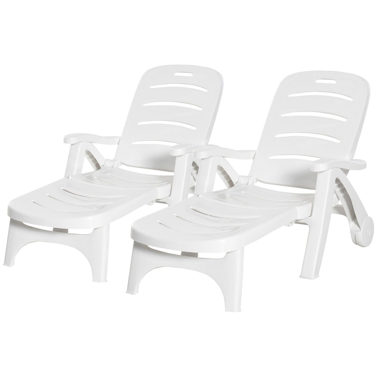 Outdoor Folding Plastic Chaise Lounge Chair on Wheels, 2 Piece Set Patio Sun Lounger Recliner & 5-Position Backrest for Garden, Beach, Pool, White