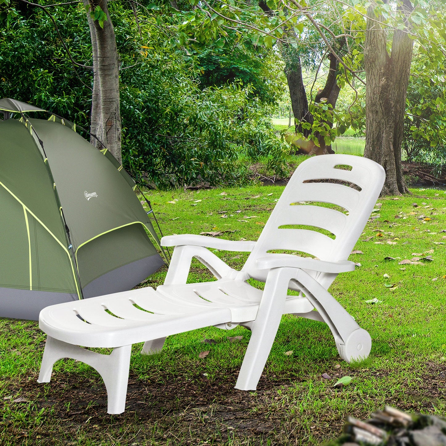 Outdoor Folding Plastic Chaise Lounge Chair on Wheels, 2 Piece Set Patio Sun Lounger Recliner & 5-Position Backrest for Garden, Beach, Pool, White
