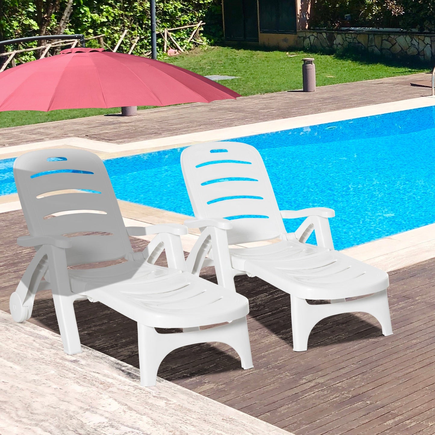 Outdoor Folding Plastic Chaise Lounge Chair on Wheels, 2 Piece Set Patio Sun Lounger Recliner & 5-Position Backrest for Garden, Beach, Pool, White