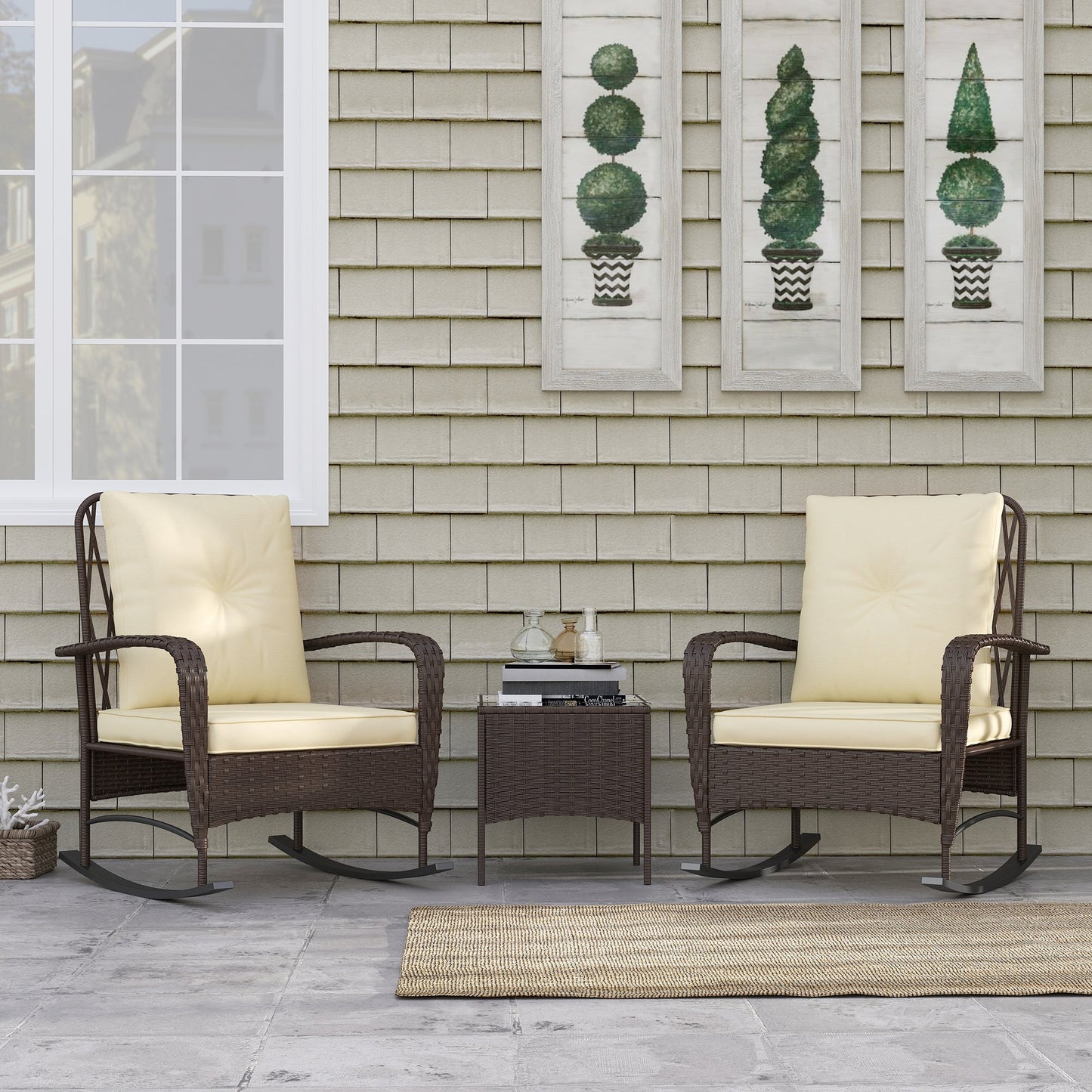 3 Pieces Rattan Bistro Set, Wicker Garden Furniture Set with Cushions, Glass Top Coffee Table and Rocking Chairs, Small Balcony Furniture for Outdoor, Porch, Brown