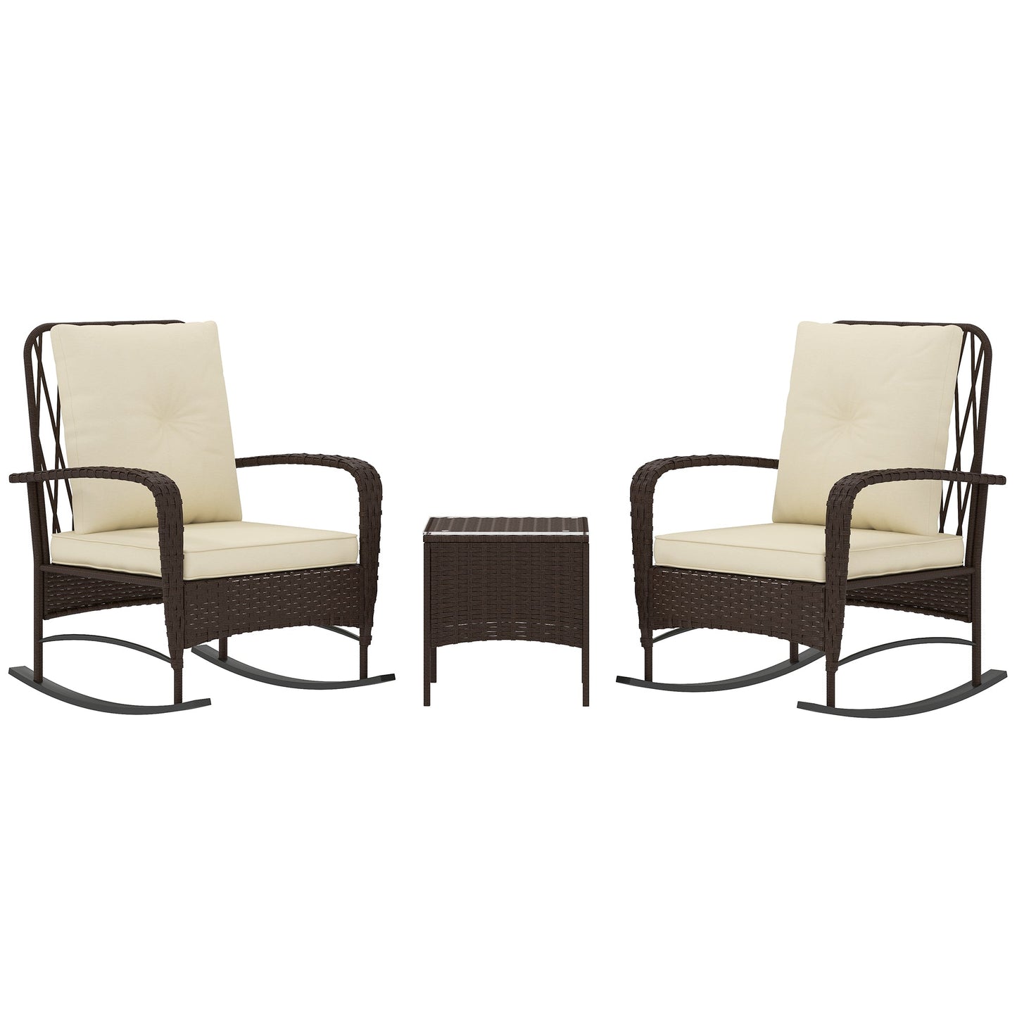 3 Pieces Rattan Bistro Set, Wicker Garden Furniture Set with Cushions, Glass Top Coffee Table and Rocking Chairs, Small Balcony Furniture for Outdoor, Porch, Brown