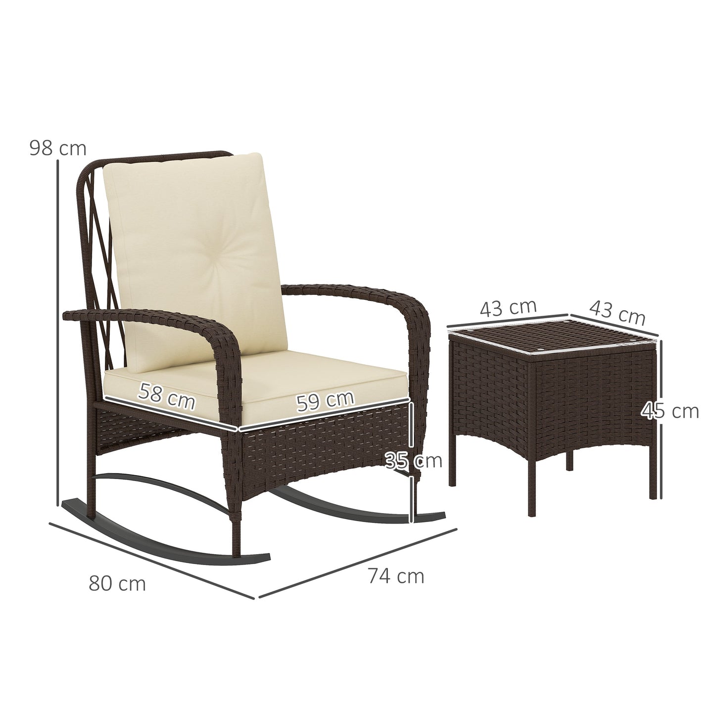3 Pieces Rattan Bistro Set, Wicker Garden Furniture Set with Cushions, Glass Top Coffee Table and Rocking Chairs, Small Balcony Furniture for Outdoor, Porch, Brown