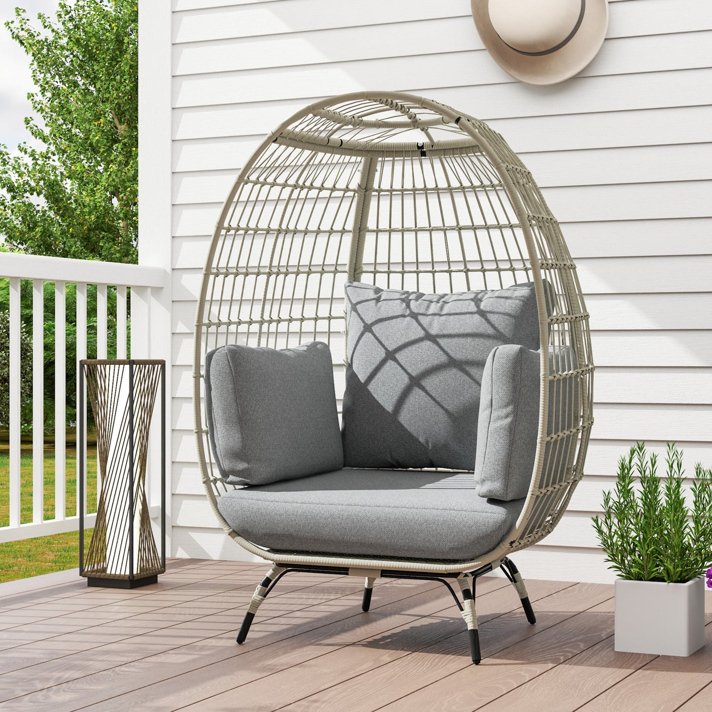 Oversized Garden Egg Chair, Outdoor Wicker PE Rattan Chair with Thickened Padded Cushions and Pillows for Balcony, Porch, Charcoal Grey