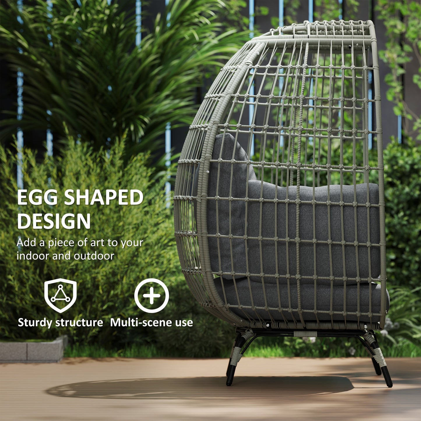 Oversized Garden Egg Chair, Outdoor Wicker PE Rattan Chair with Thickened Padded Cushions and Pillows for Balcony, Porch, Charcoal Grey