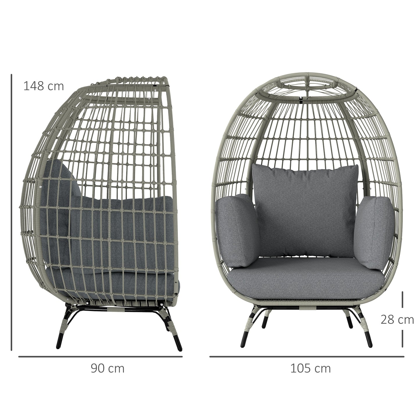 Oversized Garden Egg Chair, Outdoor Wicker PE Rattan Chair with Thickened Padded Cushions and Pillows for Balcony, Porch, Charcoal Grey