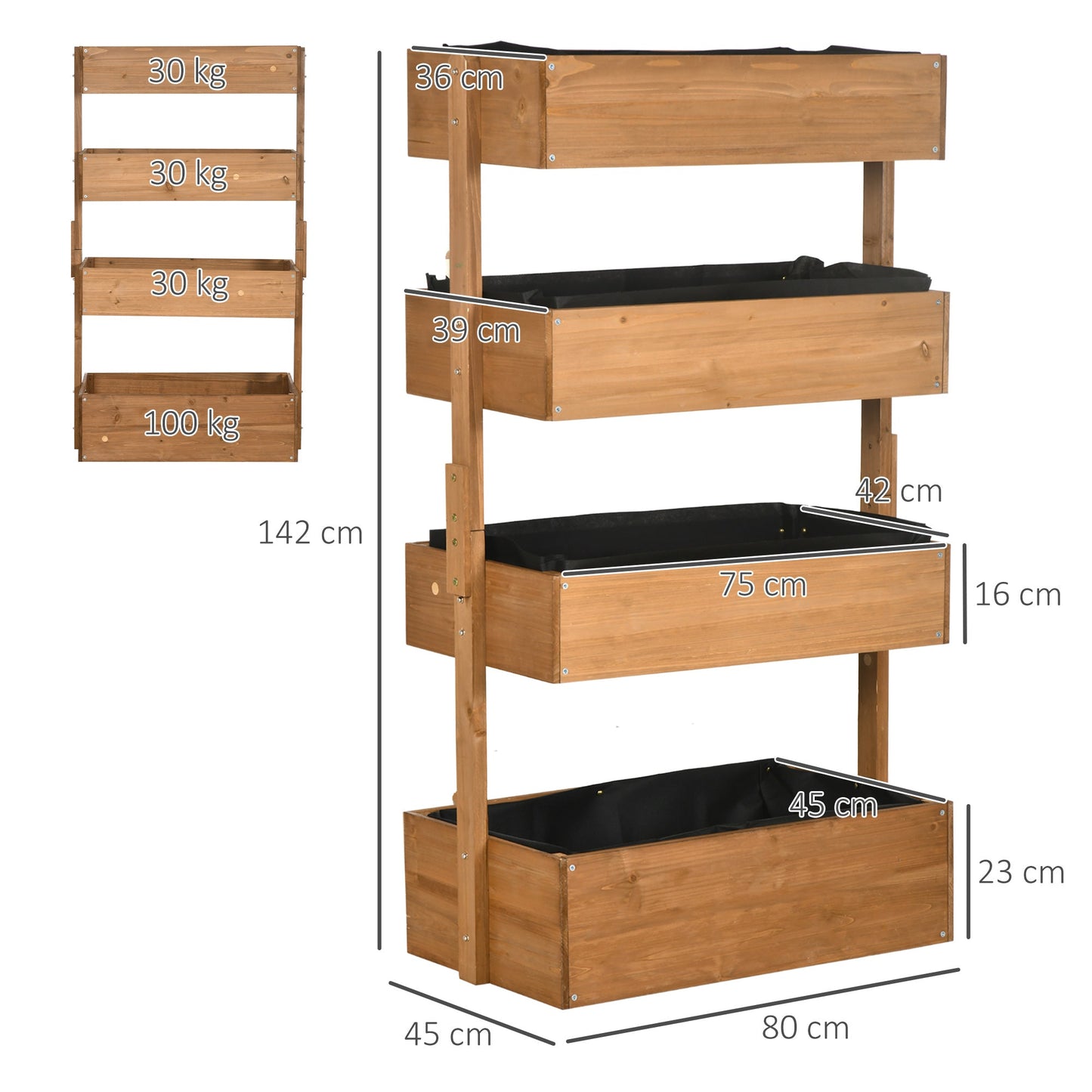 80cm x 45cm x 142cm 4-Tier Raised Garden Bed, Fir Wood Vertical Planter Box, Freestanding Elevated Plant Stand for Indoor Outdoor Use, Orange