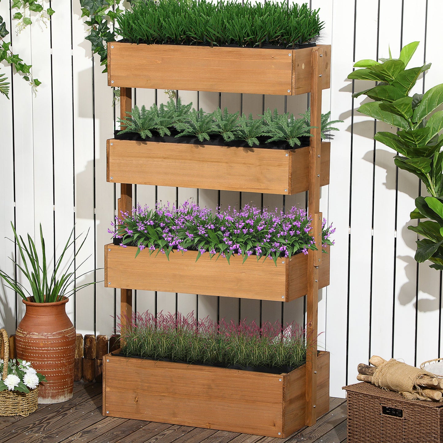 80cm x 45cm x 142cm 4-Tier Raised Garden Bed, Fir Wood Vertical Planter Box, Freestanding Elevated Plant Stand for Indoor Outdoor Use, Orange
