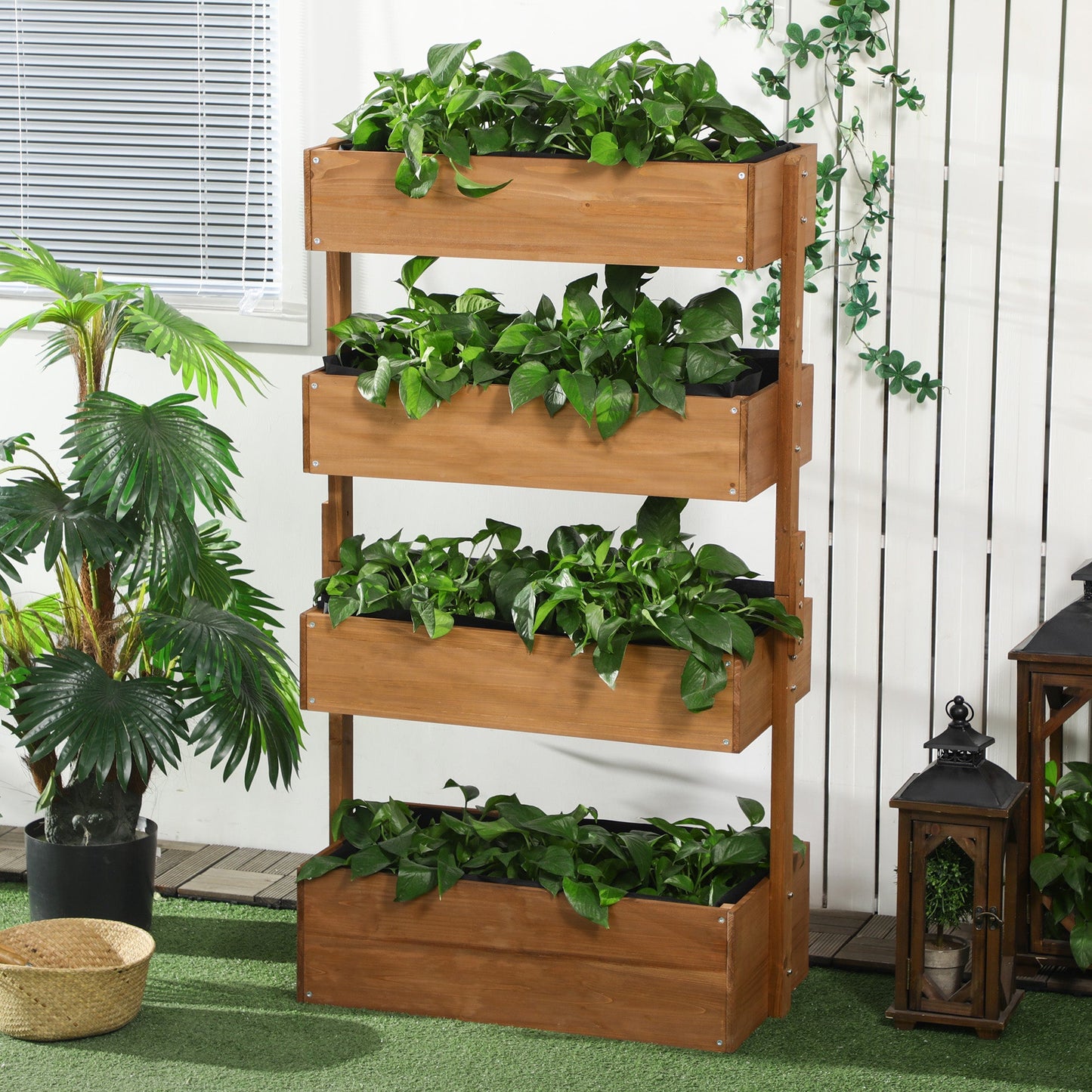 80cm x 45cm x 142cm 4-Tier Raised Garden Bed, Fir Wood Vertical Planter Box, Freestanding Elevated Plant Stand for Indoor Outdoor Use, Orange