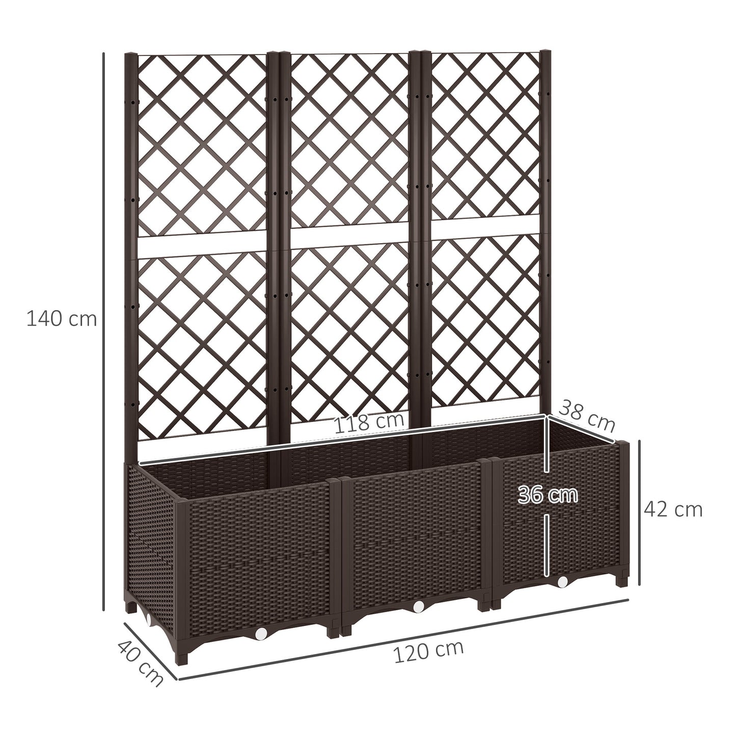 Raised Garden Bed with Trellis, Plastic Planter Box with Drainage Holes and Drain Plugs for Climbing Plants, Vegetables, Flowers, Brown