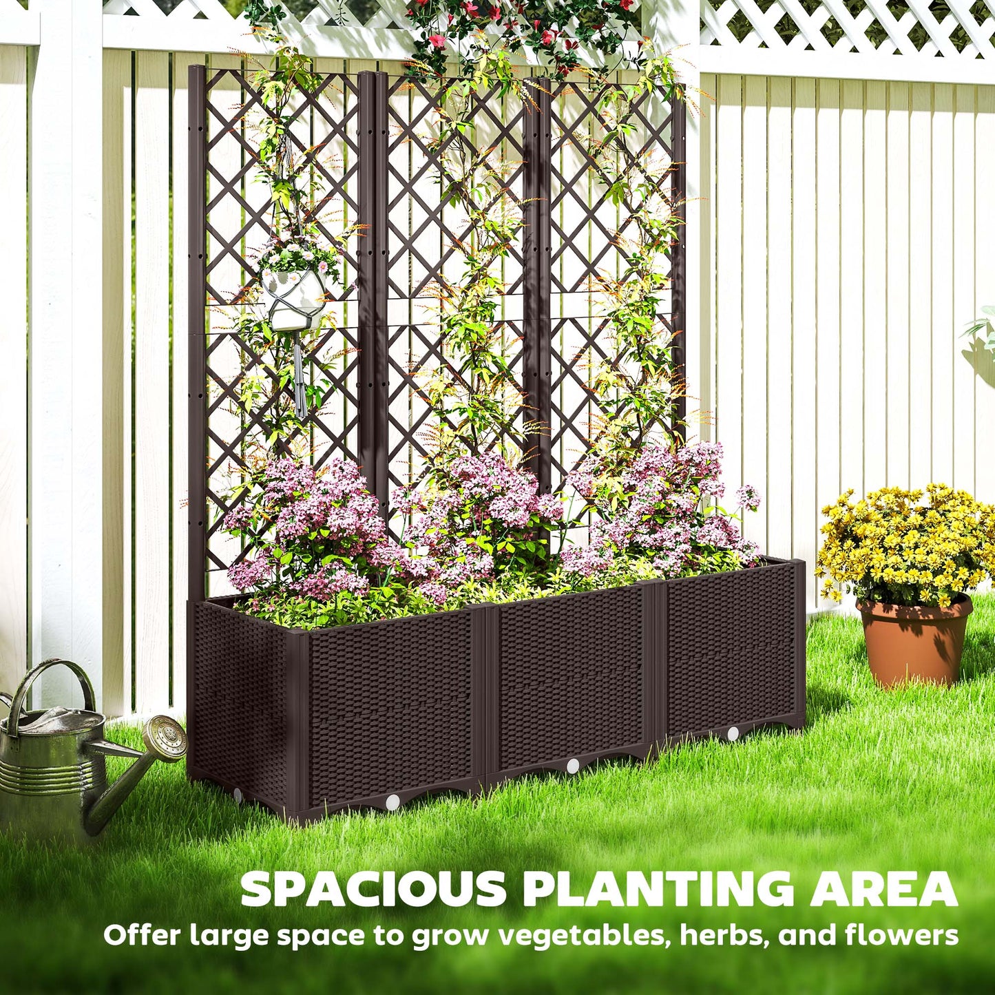 Raised Garden Bed with Trellis, Plastic Planter Box with Drainage Holes and Drain Plugs for Climbing Plants, Vegetables, Flowers, Brown