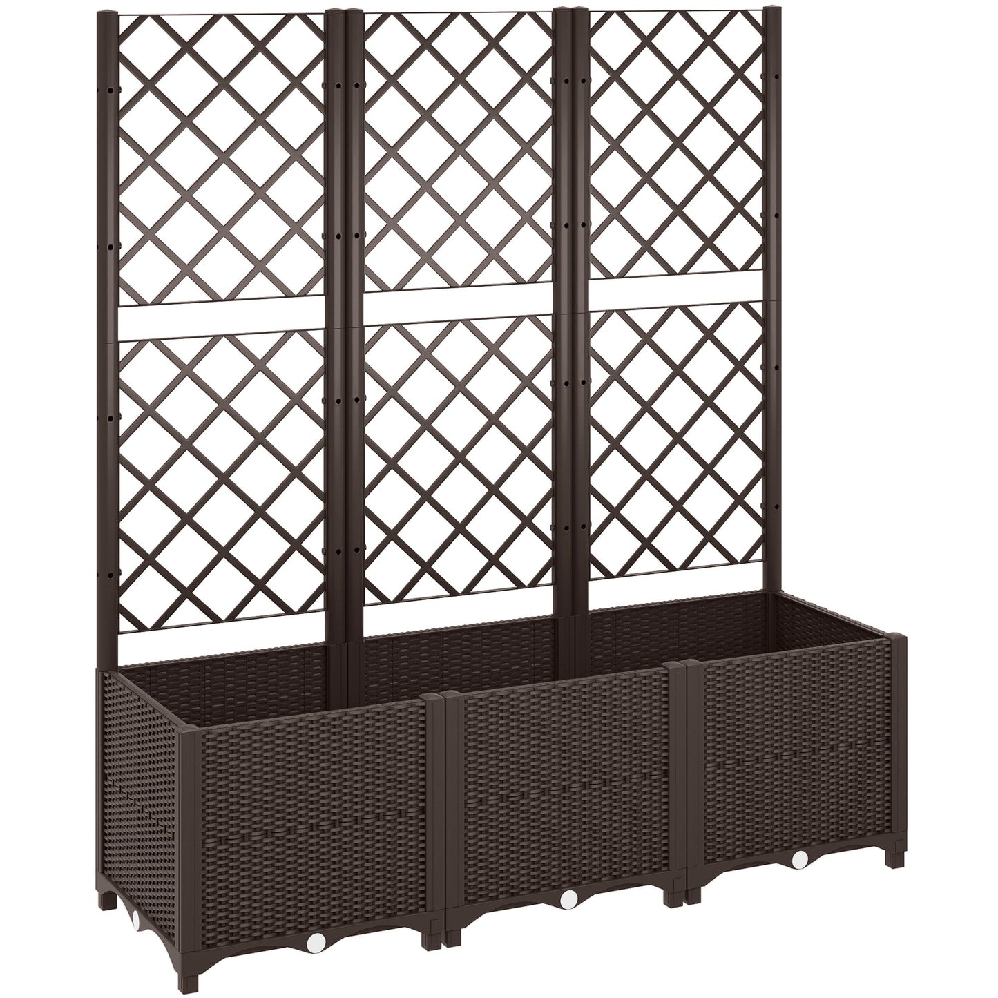 Raised Garden Bed with Trellis, Plastic Planter Box with Drainage Holes and Drain Plugs for Climbing Plants, Vegetables, Flowers, Brown