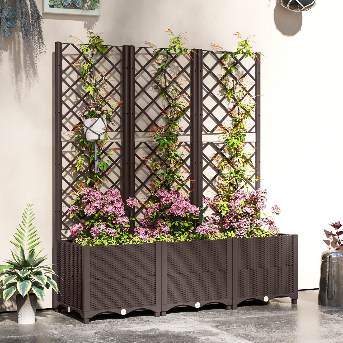 Raised Garden Bed with Trellis, Plastic Planter Box with Drainage Holes and Drain Plugs for Climbing Plants, Vegetables, Flowers, Brown
