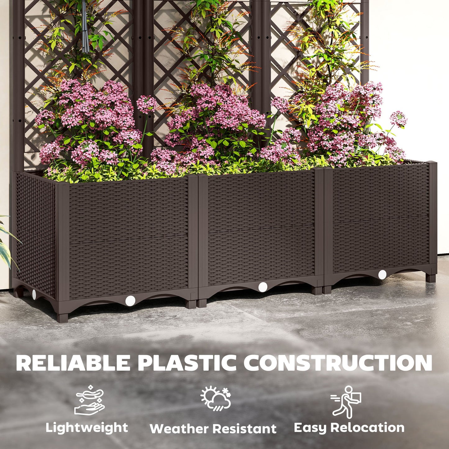 Raised Garden Bed with Trellis, Plastic Planter Box with Drainage Holes and Drain Plugs for Climbing Plants, Vegetables, Flowers, Brown