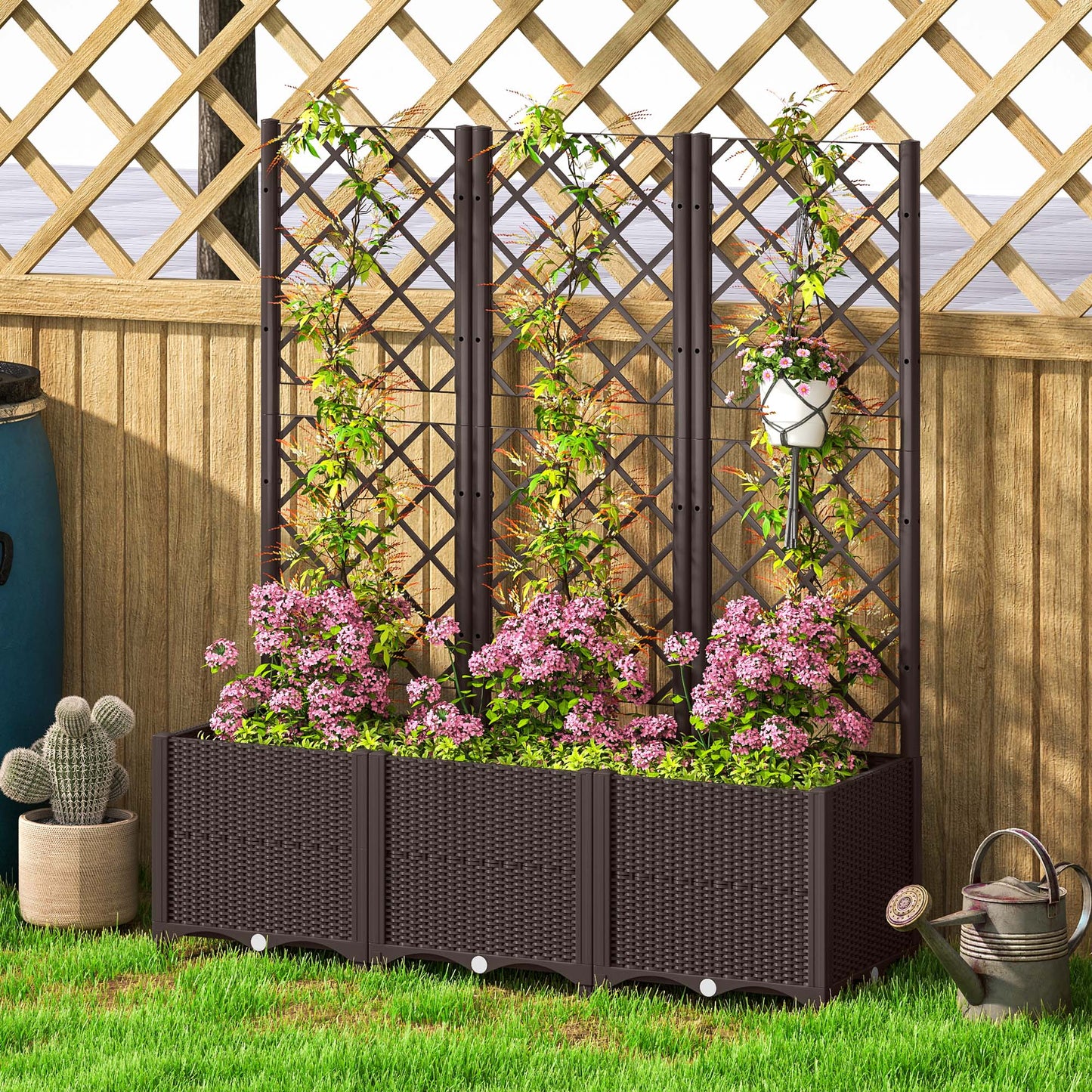 Raised Garden Bed with Trellis, Plastic Planter Box with Drainage Holes and Drain Plugs for Climbing Plants, Vegetables, Flowers, Brown