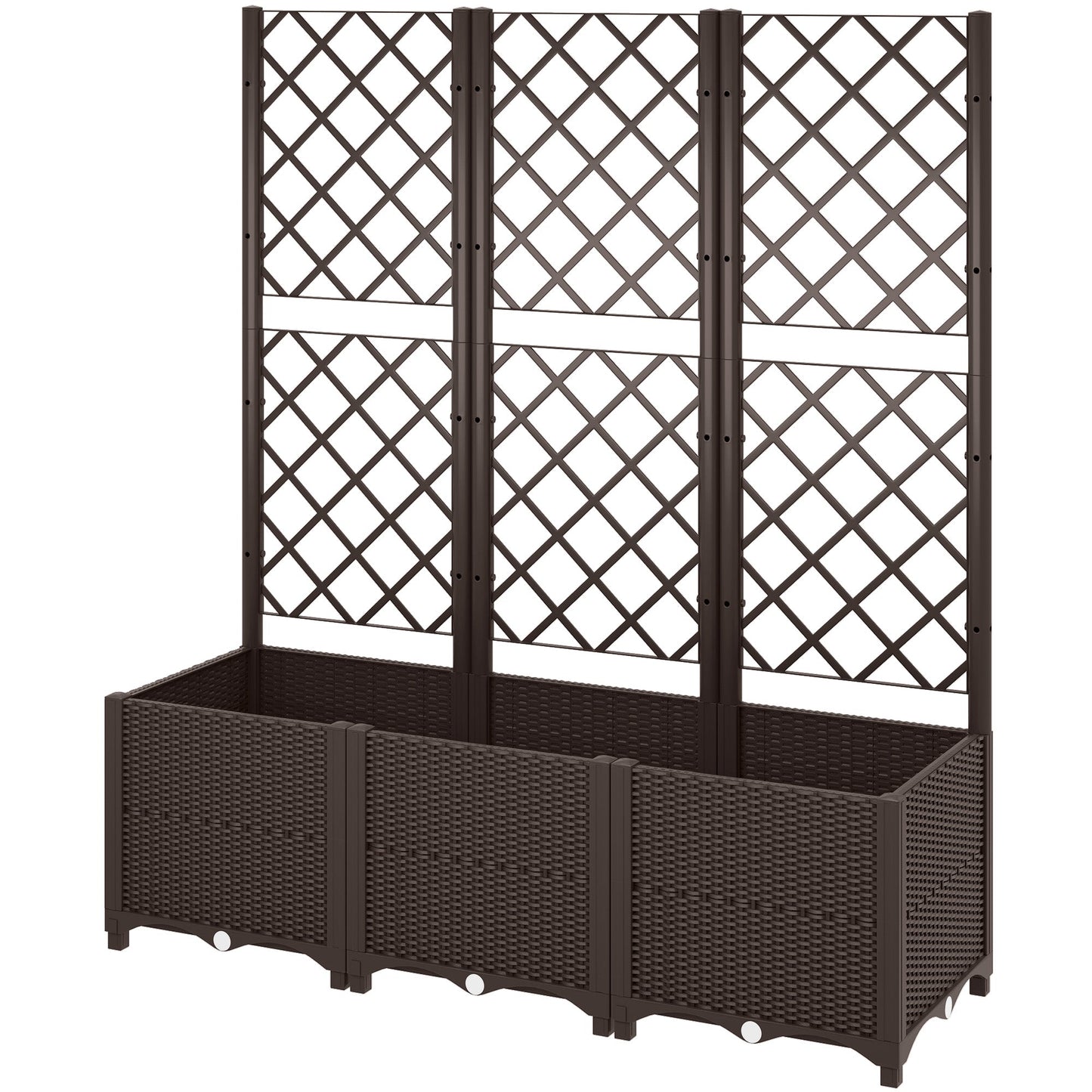 Raised Garden Bed with Trellis, Plastic Planter Box with Drainage Holes and Drain Plugs for Climbing Plants, Vegetables, Flowers, Brown