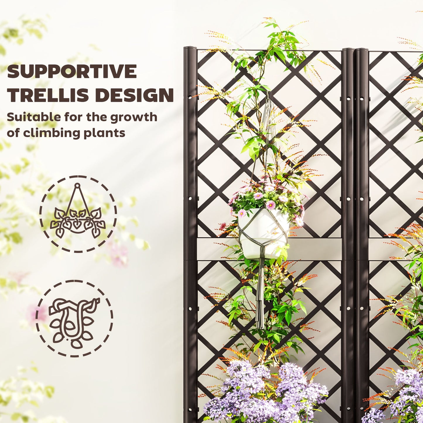 Raised Garden Bed with Trellis, Plastic Planter Box with Drainage Holes and Drain Plugs for Climbing Plants, Vegetables, Flowers, Brown