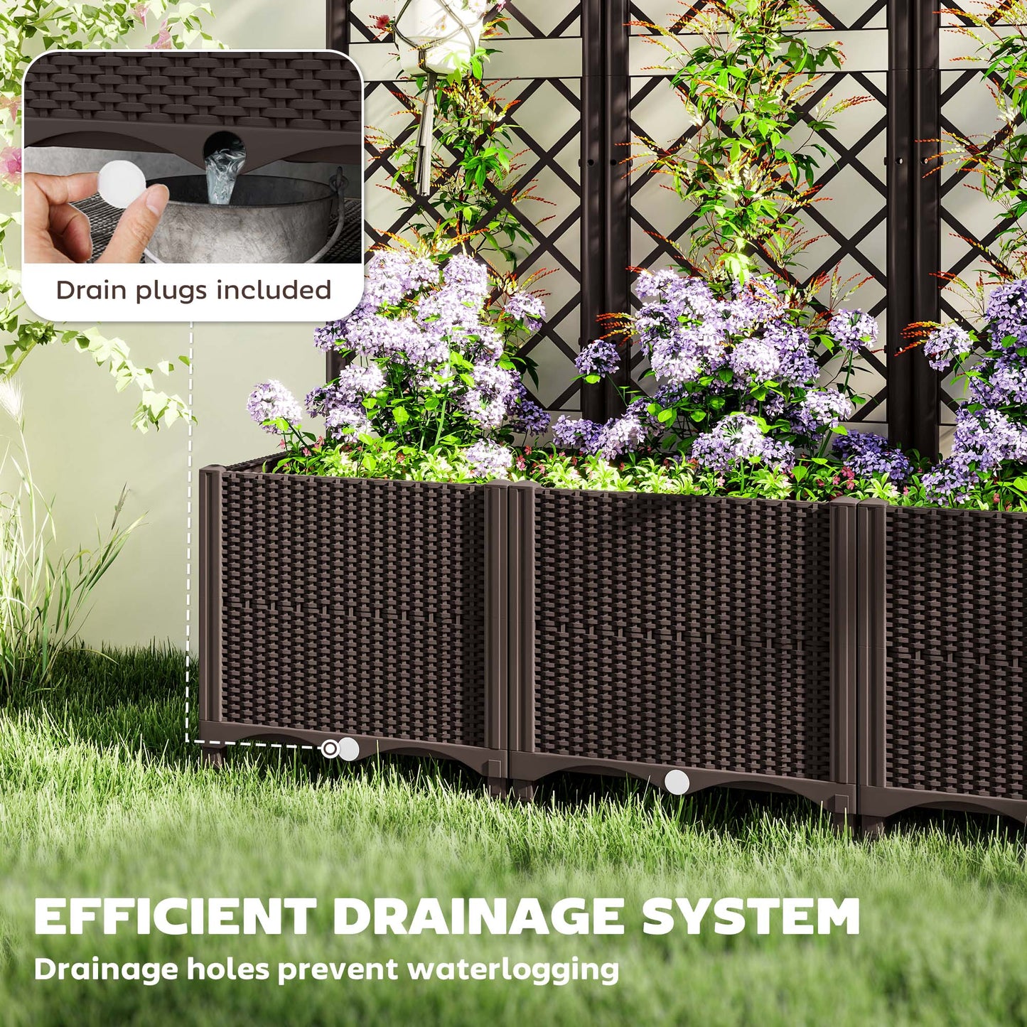 Raised Garden Bed with Trellis, Plastic Planter Box with Drainage Holes and Drain Plugs for Climbing Plants, Vegetables, Flowers, Brown