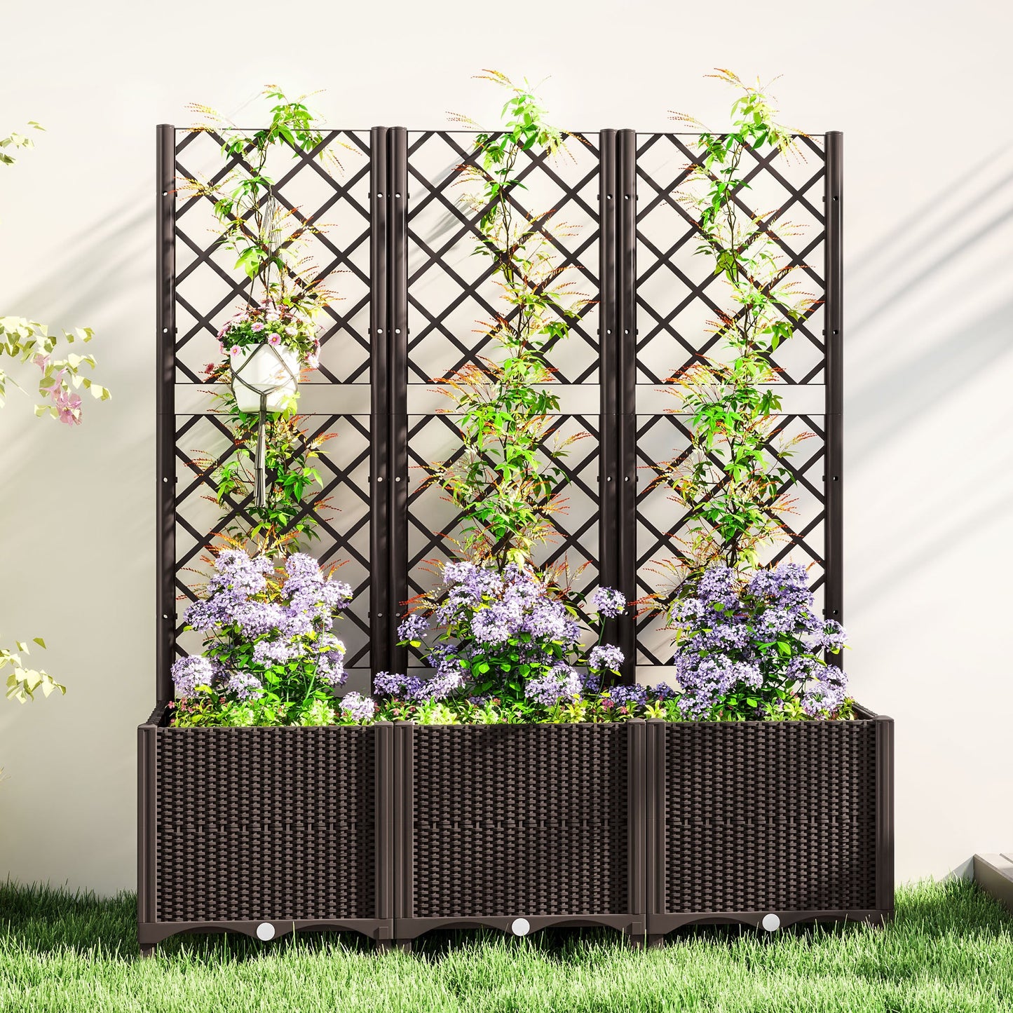 Raised Garden Bed with Trellis, Plastic Planter Box with Drainage Holes and Drain Plugs for Climbing Plants, Vegetables, Flowers, Brown
