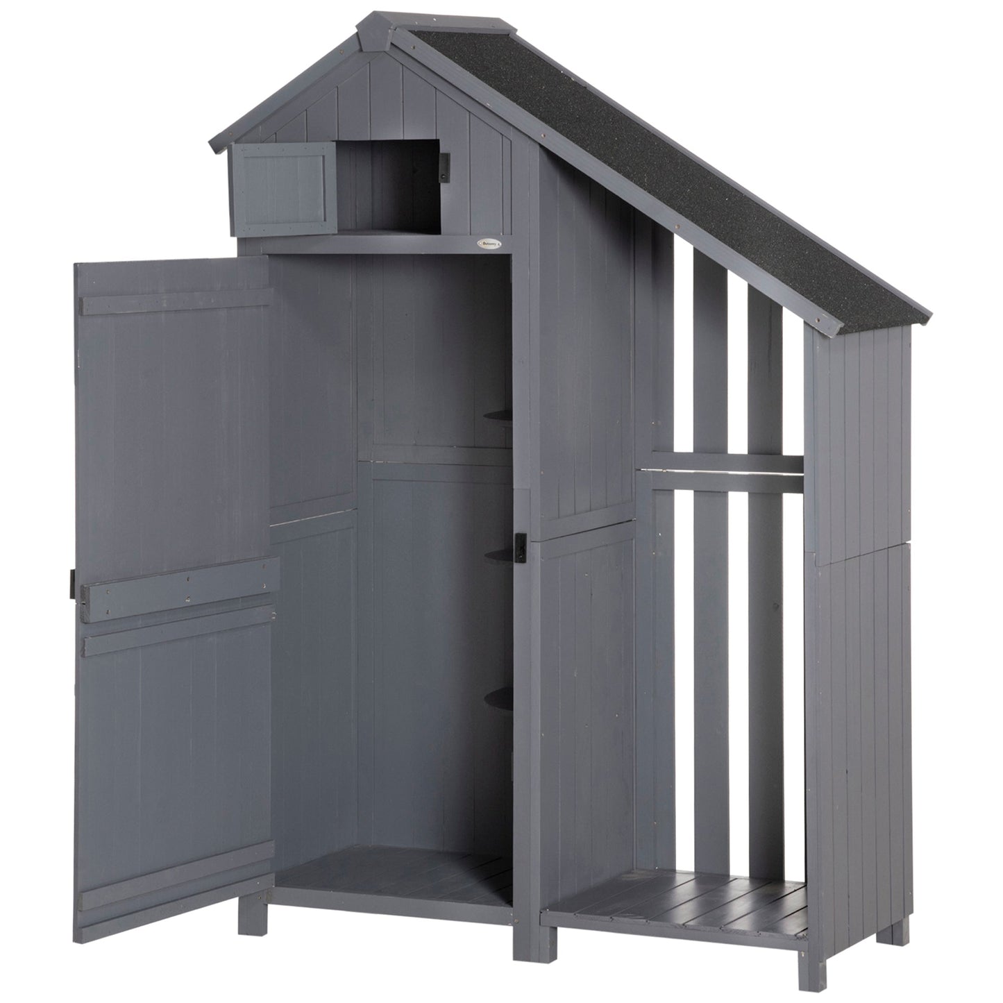 Wooden Garden Storage Shed with 3 Shelves, Outdoor Garden Tool Storage Cabinet with Tilt Roof, Firewood Rack Log Carrier, 129 x 51.5 x 180cm, Grey