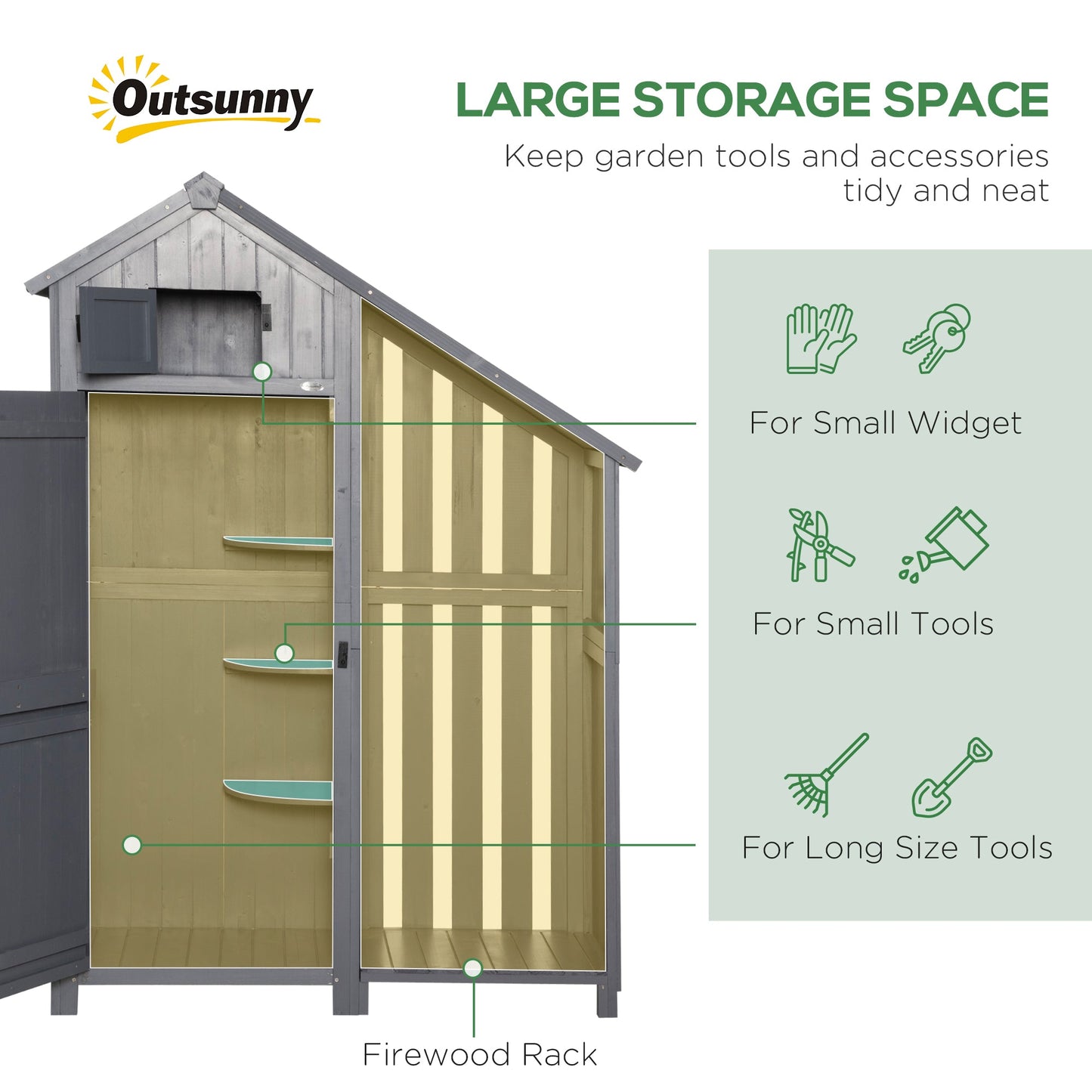 Wooden Garden Storage Shed with 3 Shelves, Outdoor Garden Tool Storage Cabinet with Tilt Roof, Firewood Rack Log Carrier, 129 x 51.5 x 180cm, Grey