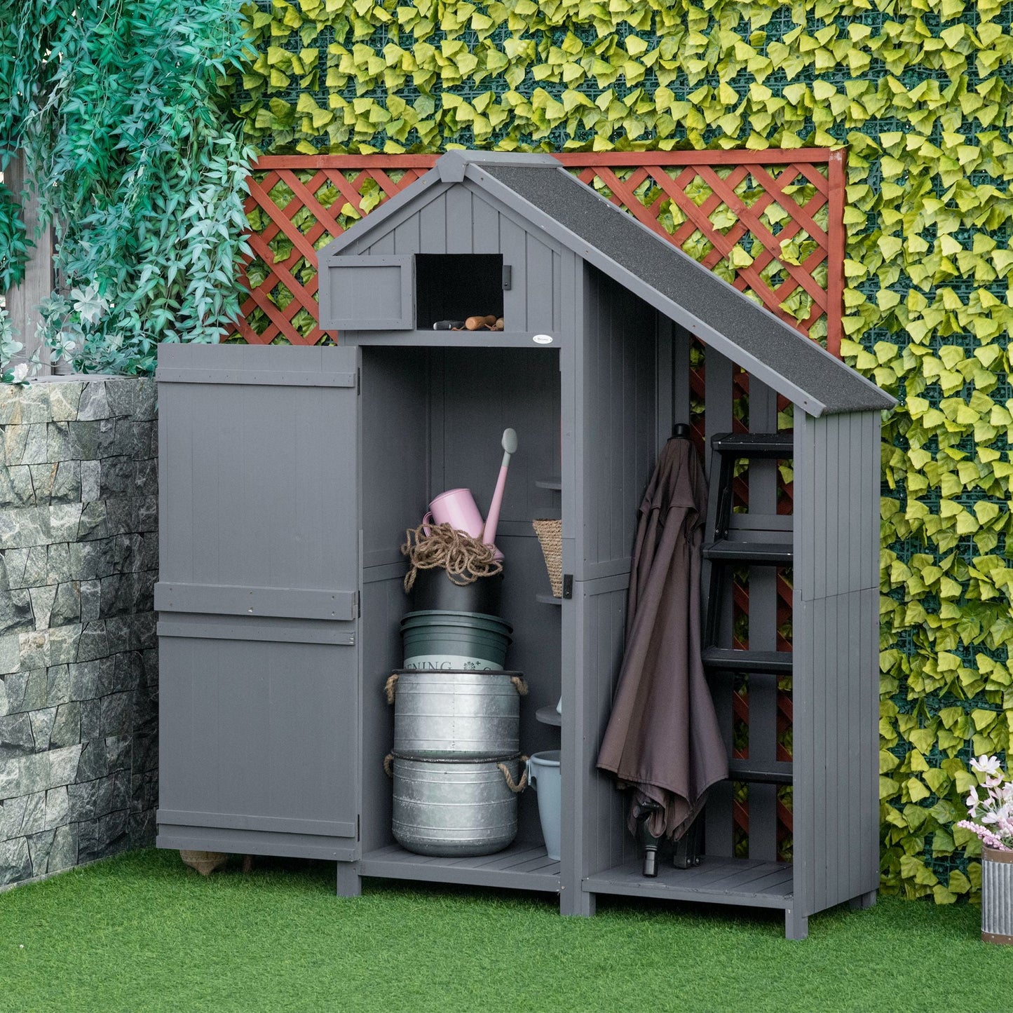 Wooden Garden Storage Shed with 3 Shelves, Outdoor Garden Tool Storage Cabinet with Tilt Roof, Firewood Rack Log Carrier, 129 x 51.5 x 180cm, Grey