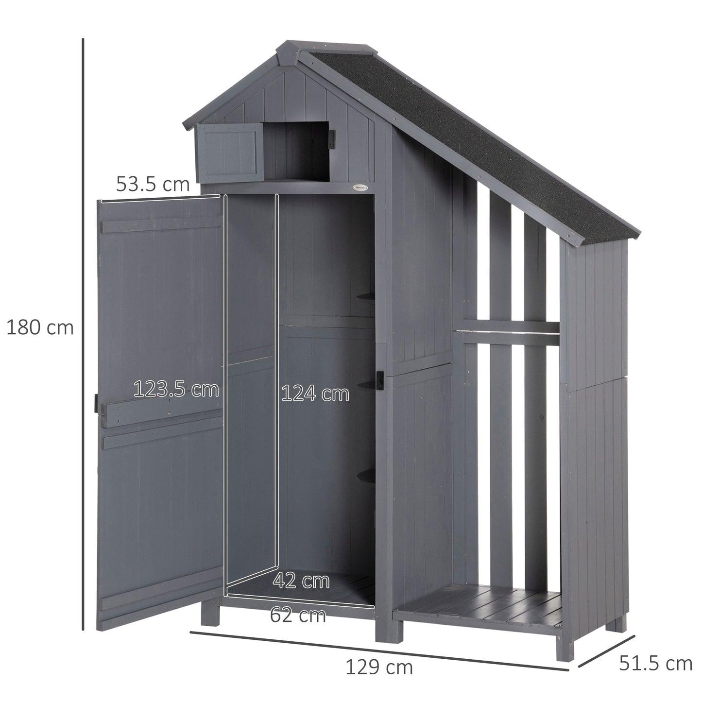 Wooden Garden Storage Shed with 3 Shelves, Outdoor Garden Tool Storage Cabinet with Tilt Roof, Firewood Rack Log Carrier, 129 x 51.5 x 180cm, Grey