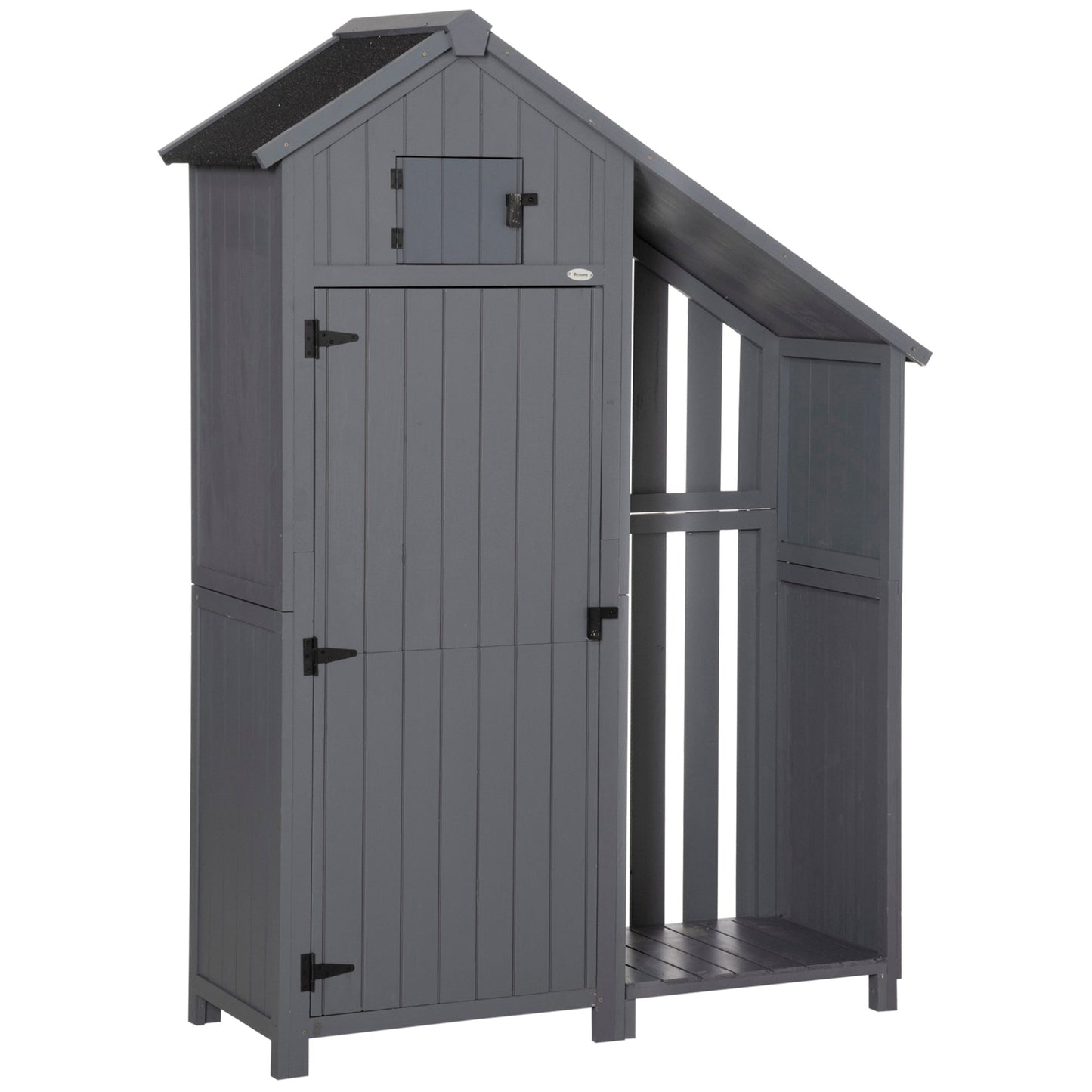 Wooden Garden Storage Shed with 3 Shelves, Outdoor Garden Tool Storage Cabinet with Tilt Roof, Firewood Rack Log Carrier, 129 x 51.5 x 180cm, Grey