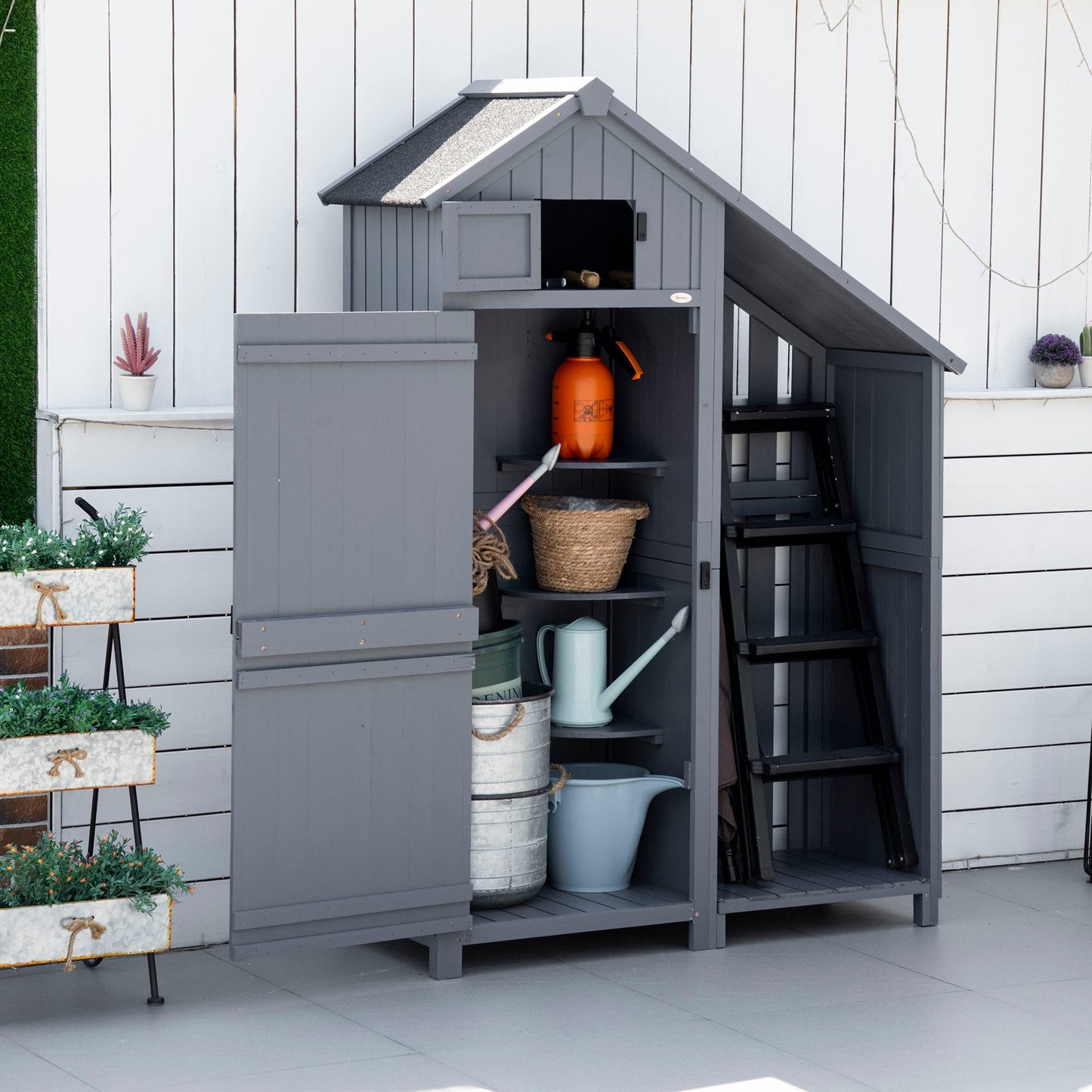 Wooden Garden Storage Shed with 3 Shelves, Outdoor Garden Tool Storage Cabinet with Tilt Roof, Firewood Rack Log Carrier, 129 x 51.5 x 180cm, Grey