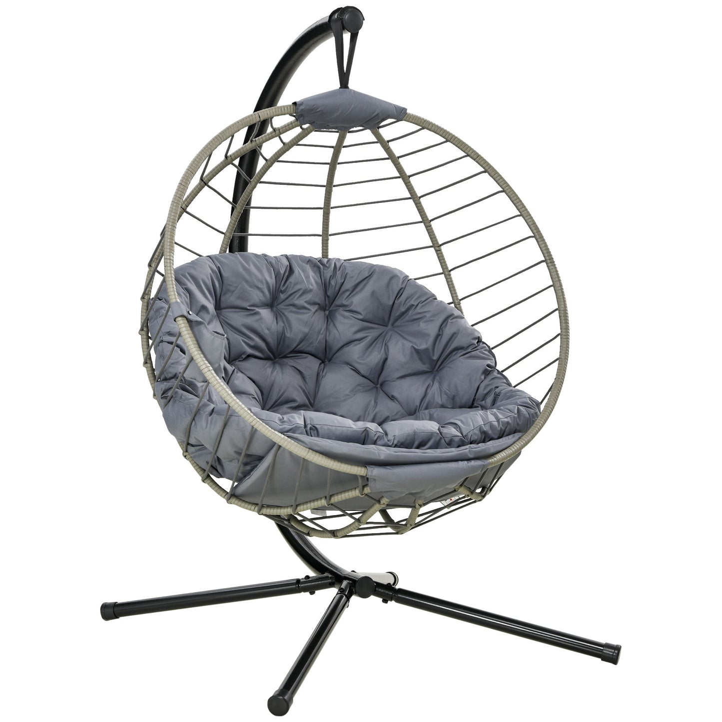 PE Rattan Swing Chair, Outdoor Hanging Chair with Metal Stand, Thick Padded Cushion, Foldable Basket and Cup Holder, for Indoor and Outdoor, Grey