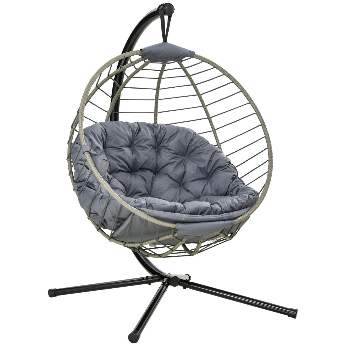 PE Rattan Swing Chair, Outdoor Hanging Chair with Metal Stand, Thick Padded Cushion, Foldable Basket and Cup Holder, for Indoor and Outdoor, Grey
