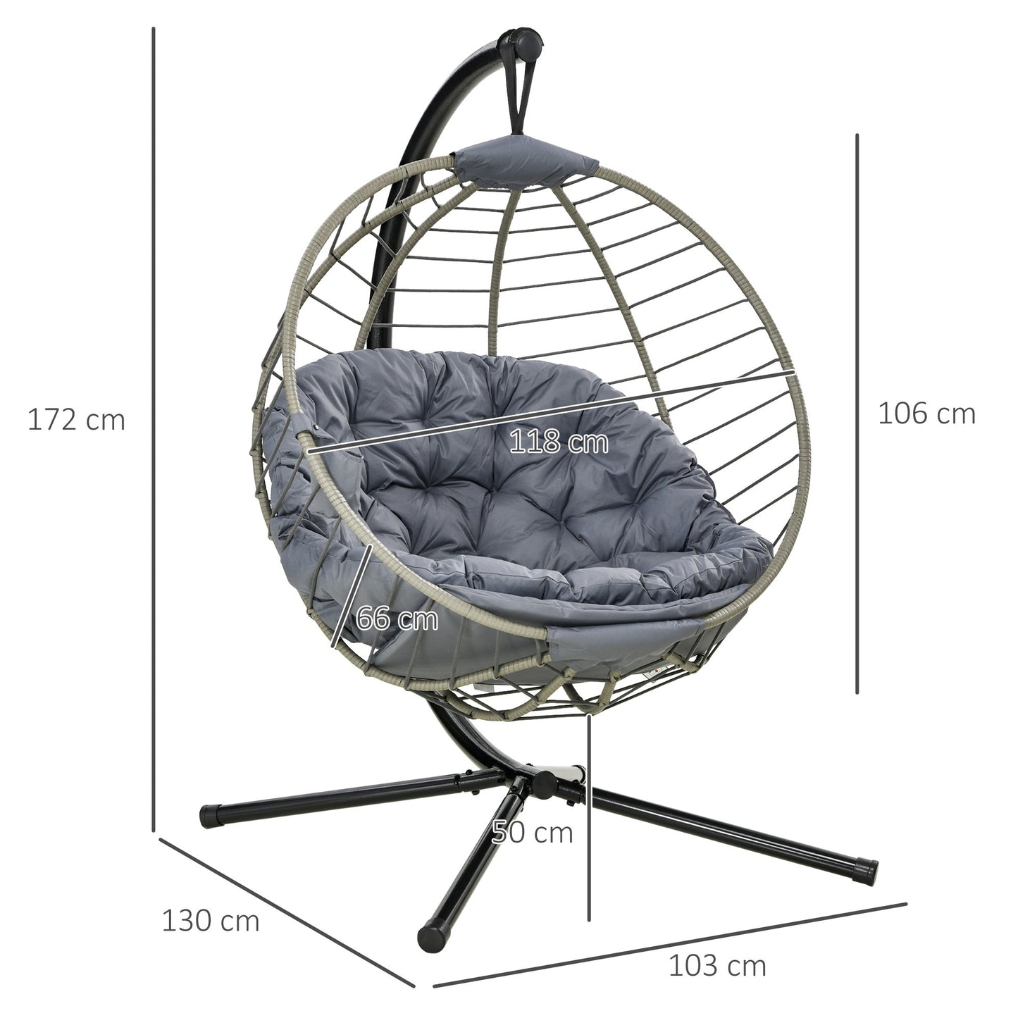 PE Rattan Swing Chair, Outdoor Hanging Chair with Metal Stand, Thick Padded Cushion, Foldable Basket and Cup Holder, for Indoor and Outdoor, Grey