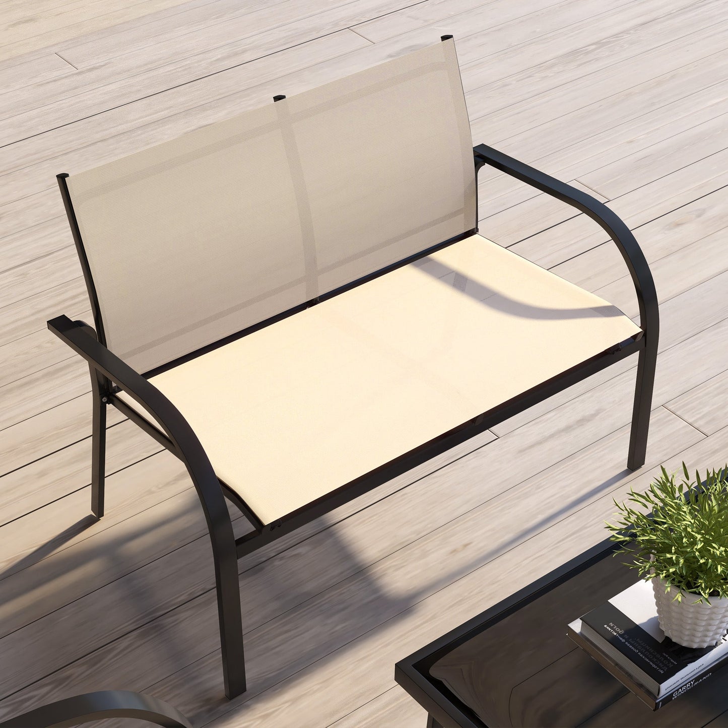 4 Pcs Curved Steel Outdoor Furniture Set w/ Loveseat, 2 Texteline Seats, Glass Top Table Garden Balcony Patio Furniture For Family Party Events Guests -Beige
