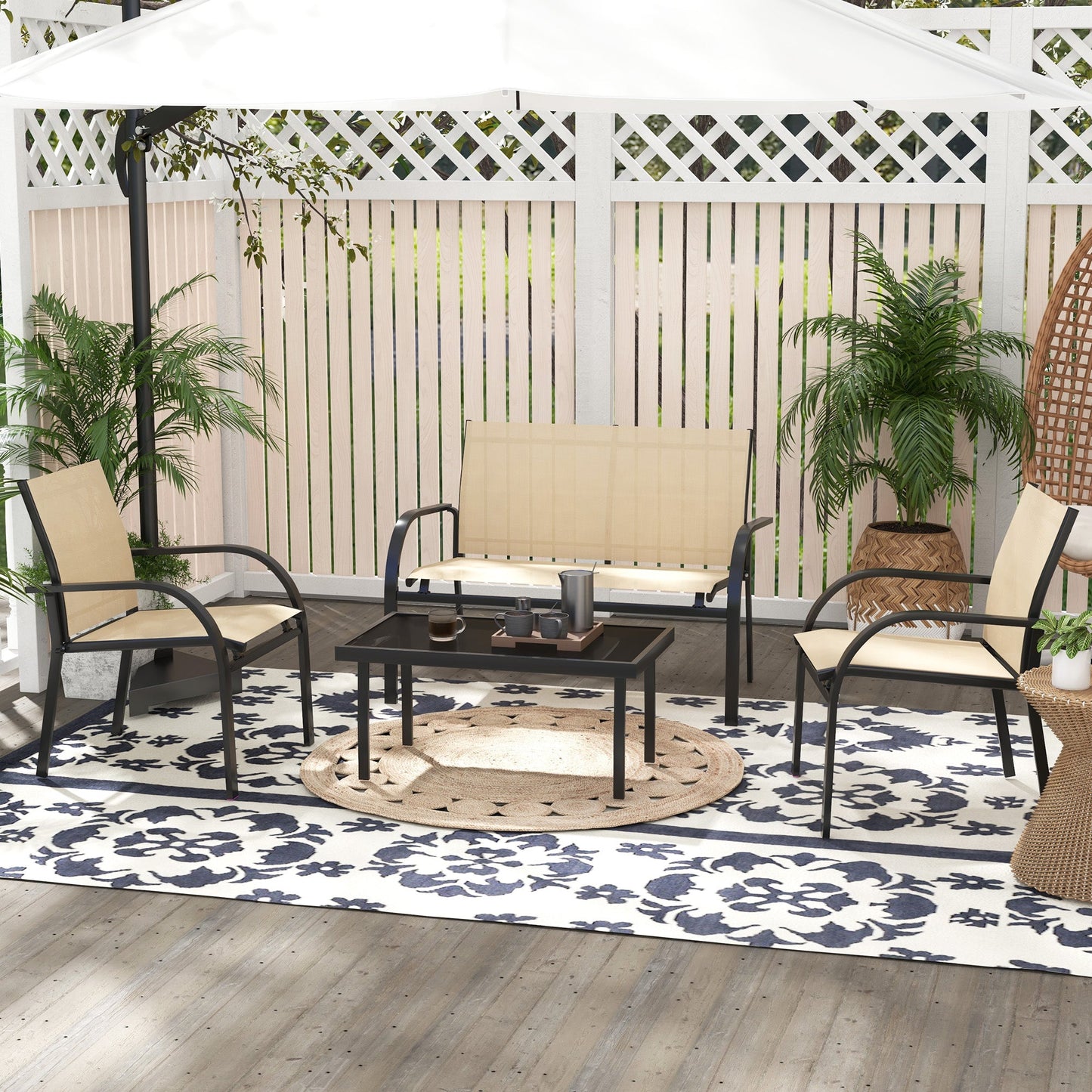 4 Pcs Curved Steel Outdoor Furniture Set w/ Loveseat, 2 Texteline Seats, Glass Top Table Garden Balcony Patio Furniture For Family Party Events Guests -Beige