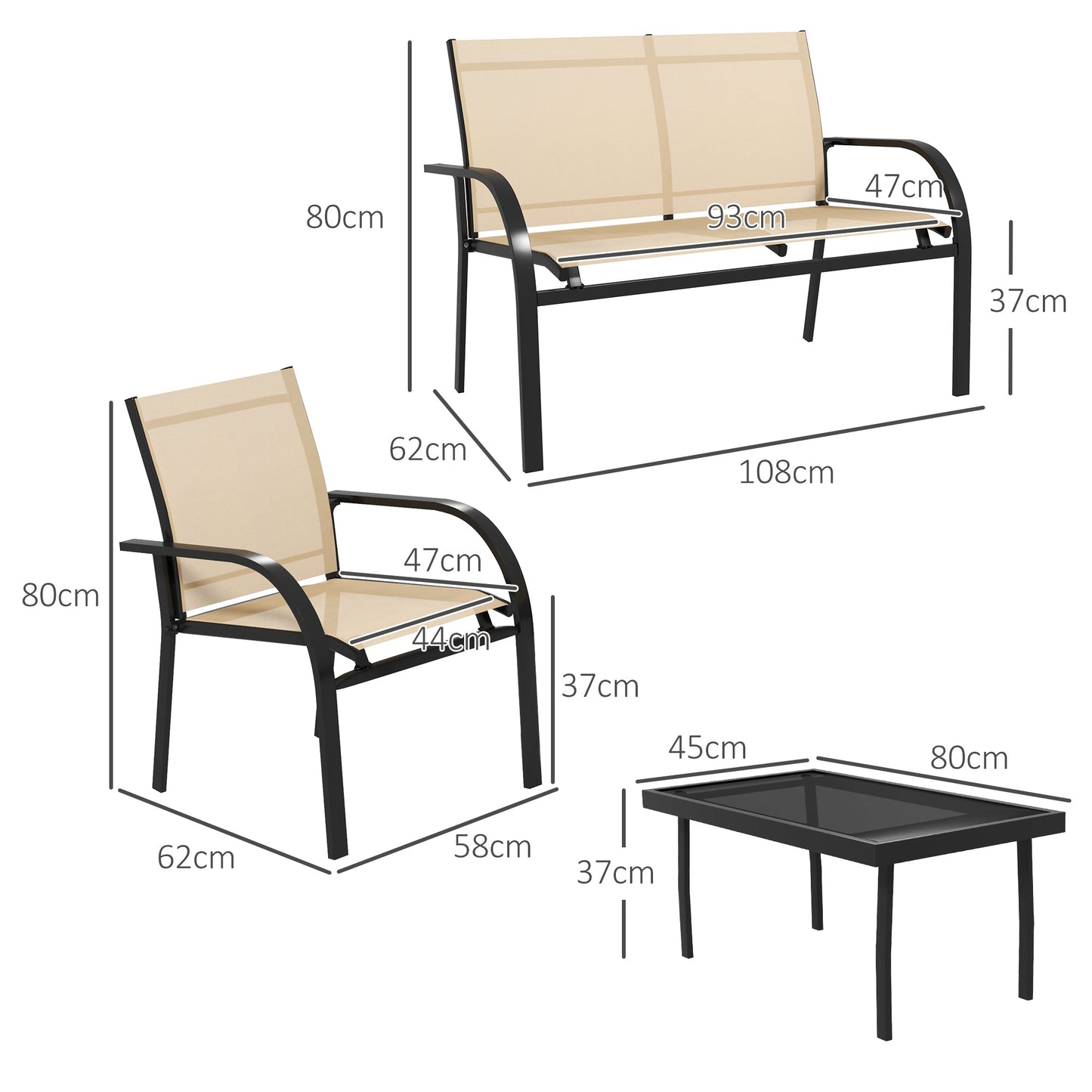 4 Pcs Curved Steel Outdoor Furniture Set w/ Loveseat, 2 Texteline Seats, Glass Top Table Garden Balcony Patio Furniture For Family Party Events Guests -Beige